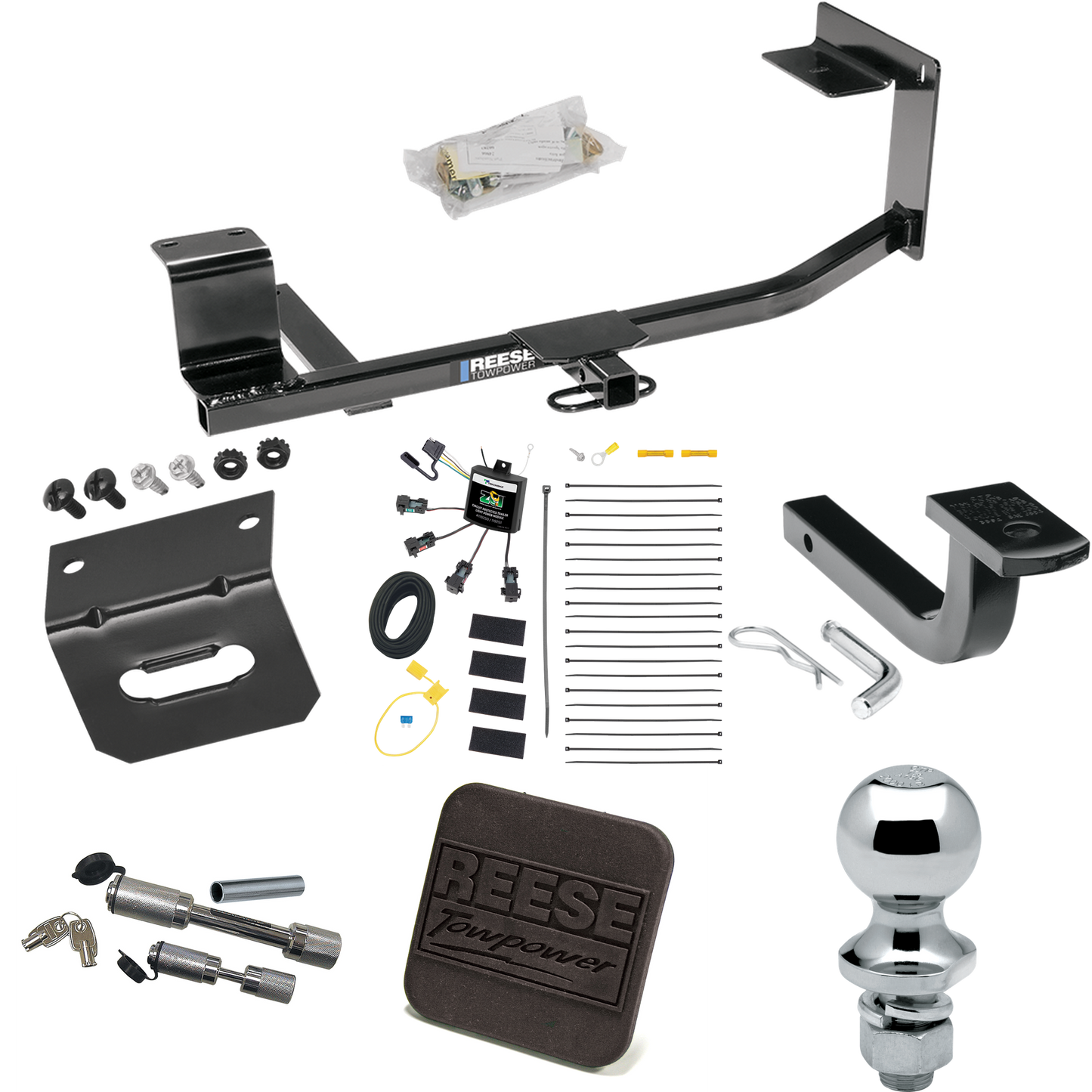 Fits 2011-2014 Volkswagen Jetta Trailer Hitch Tow PKG w/ 4-Flat Zero Contact "No Splice" Wiring Harness + Draw-Bar + 1-7/8" Ball + Wiring Bracket + Hitch Cover + Dual Hitch & Coupler Locks (For SportWagon Models) By Reese Towpower