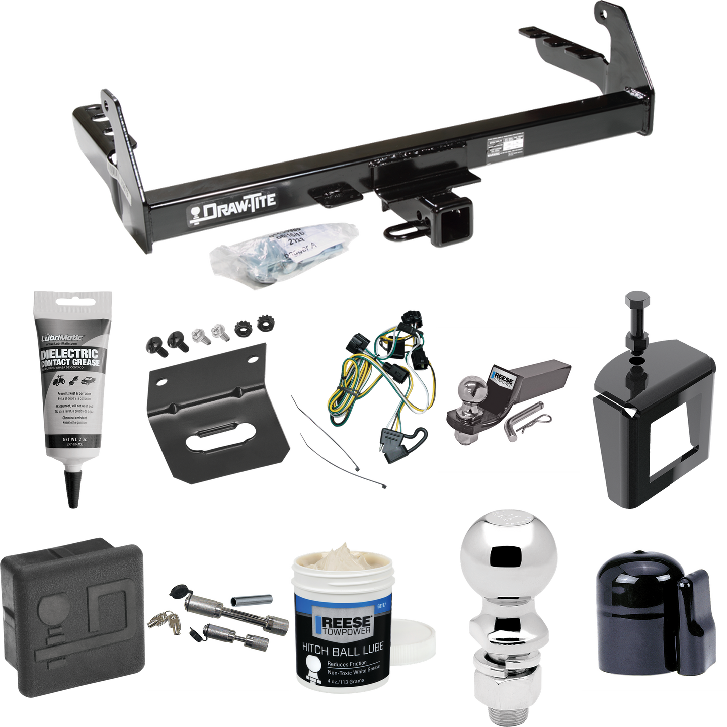 Fits 1995-2003 Dodge Dakota Trailer Hitch Tow PKG w/ 4-Flat Wiring + Starter Kit Ball Mount w/ 2" Drop & 2" Ball + 2-5/16" Ball + Wiring Bracket + Dual Hitch & Coupler Locks + Hitch Cover + Wiring Tester + Ball Lube +Electric Grease + Ball Wrench + A