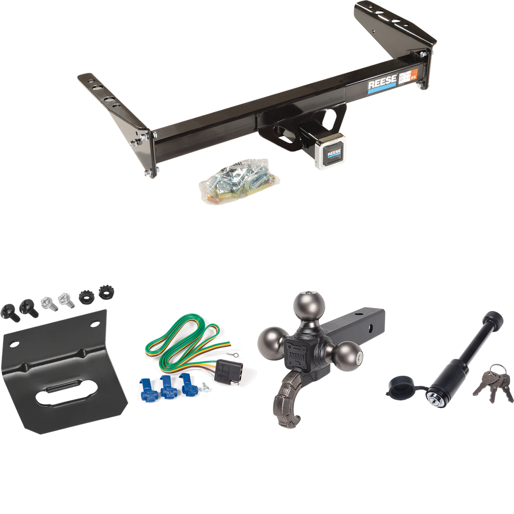 Fits 1987-1994 Dodge Dakota Trailer Hitch Tow PKG w/ 4-Flat Wiring + Triple Ball Tactical Ball Mount 1-7/8" & 2" & 2-5/16" Balls w/ Tow Hook + Tactical Dogbone Lock + Wiring Bracket By Reese Towpower