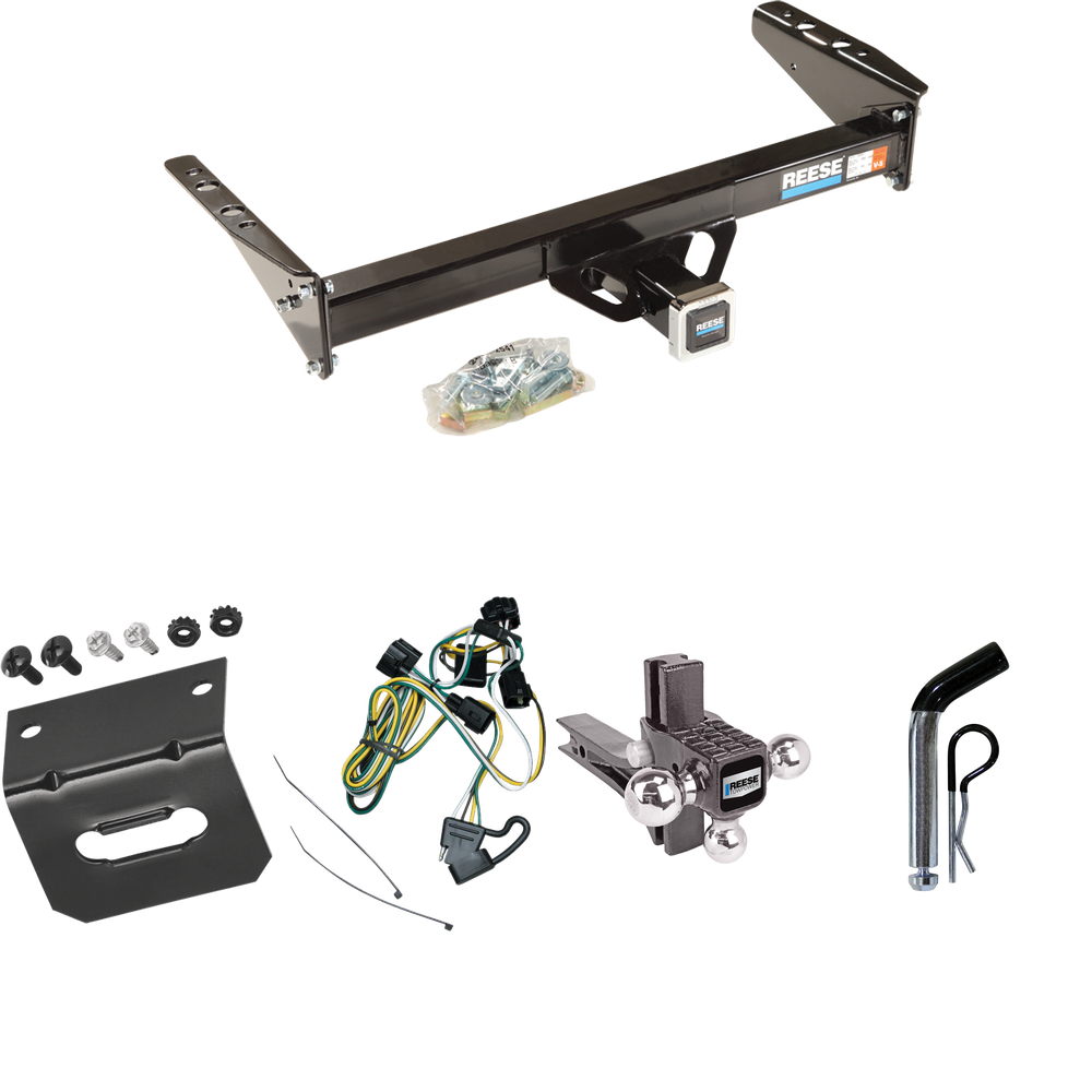 Fits 1995-2003 Dodge Dakota Trailer Hitch Tow PKG w/ 4-Flat Wiring Harness + Adjustable Drop Rise Triple Ball Ball Mount 1-7/8" & 2" & 2-5/16" Trailer Balls + Pin/Clip + Wiring Bracket By Reese Towpower