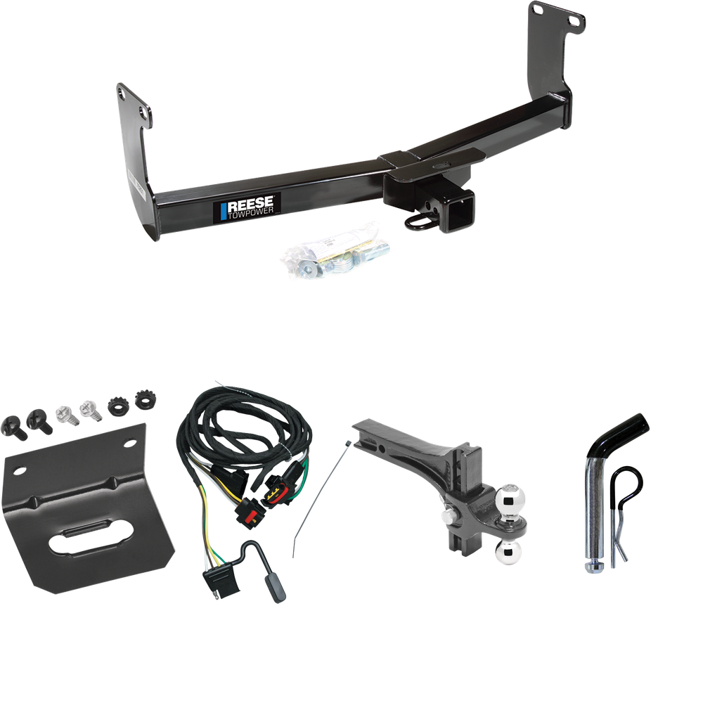 Fits 2006-2009 Mitsubishi Raider Trailer Hitch Tow PKG w/ 4-Flat Wiring Harness + Dual Adjustable Drop Rise Ball Ball Mount 2" & 2-5/16" Trailer Balls + Pin/Clip + Wiring Bracket By Reese Towpower