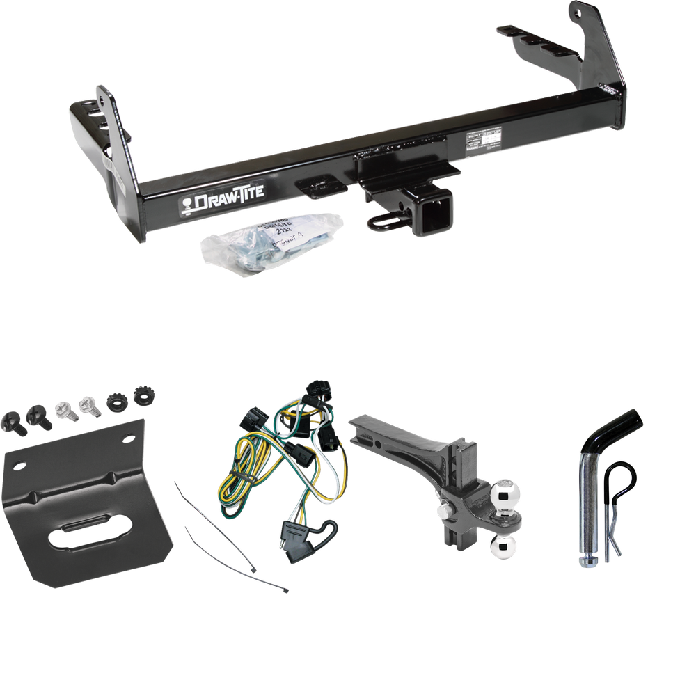 Fits 1995-2003 Dodge Dakota Trailer Hitch Tow PKG w/ 4-Flat Wiring Harness + Dual Adjustable Drop Rise Ball Ball Mount 2" & 2-5/16" Trailer Balls + Pin/Clip + Wiring Bracket By Draw-Tite