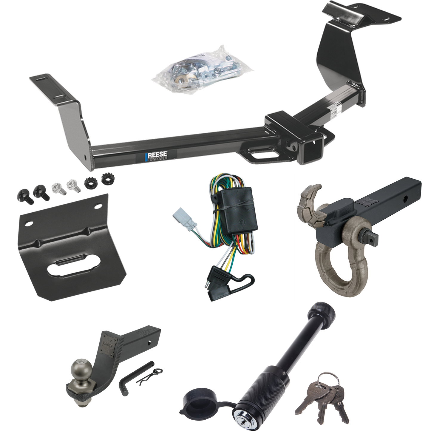 Fits 2002-2006 Honda CR-V Trailer Hitch Tow PKG w/ 4-Flat Wiring + Interlock Tactical Starter Kit w/ 3-1/4" Drop & 2" Ball + Tactical Hook & Shackle Mount + Tactical Dogbone Lock + Wiring Bracket By Reese Towpower