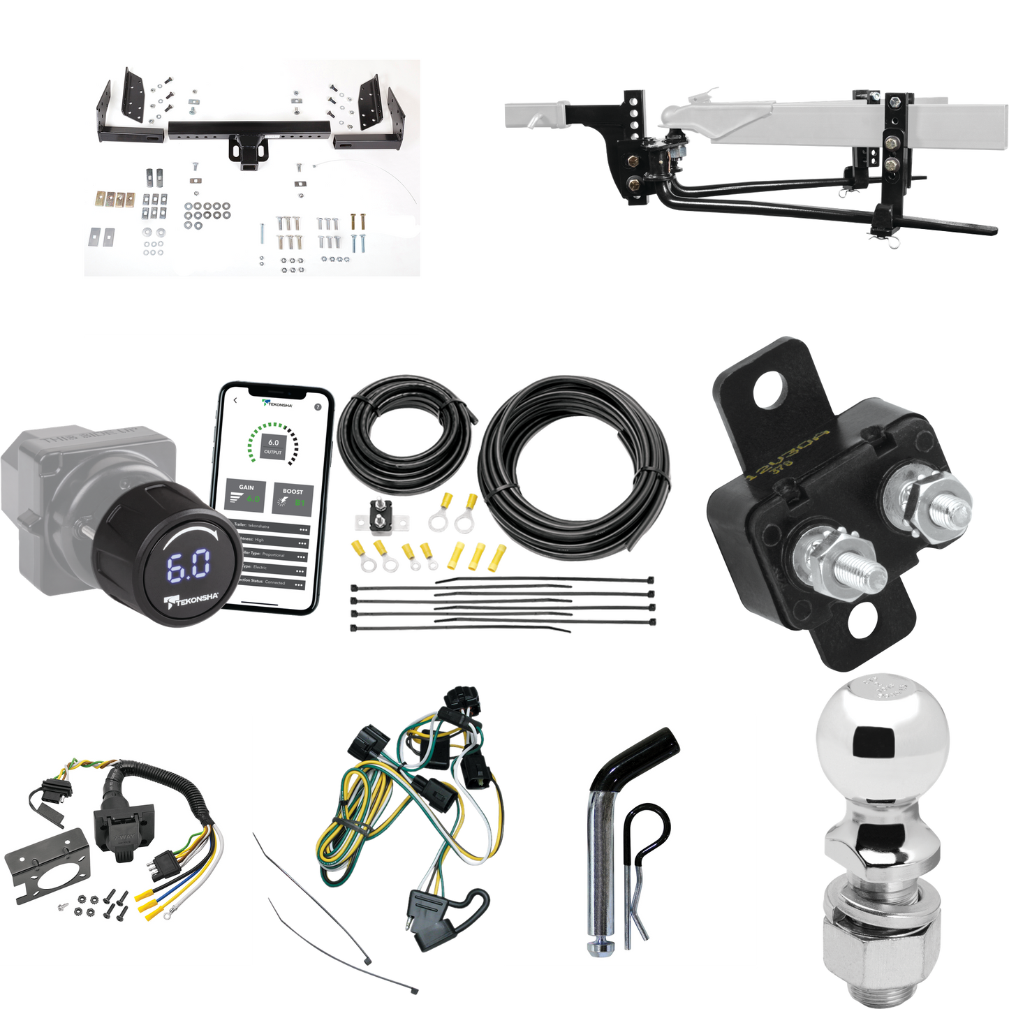 Fits 1995-1996 Dodge Dakota Trailer Hitch Tow PKG w/ 6K Round Bar Weight Distribution Hitch w/ 2-5/16" Ball + 2" Ball + Pin/Clip + Tekonsha Prodigy iD Bluetooth Wireless Brake Control + 7-Way RV Wiring By Reese Towpower