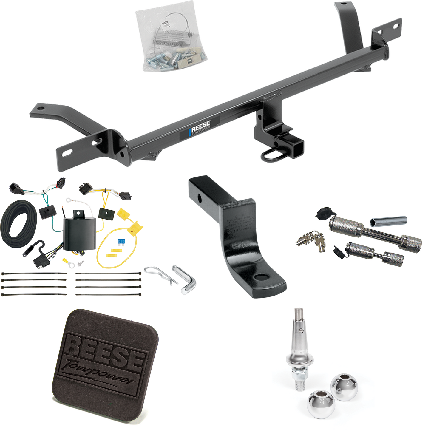 Fits 2015-2021 Volkswagen Golf Trailer Hitch Tow PKG w/ 4-Flat Wiring Harness + Draw-Bar + Interchangeable 1-7/8" & 2" Balls + Hitch Cover + Dual Hitch & Coupler Locks (Excludes: Sportwagen & Alltrack Models) By Reese Towpower