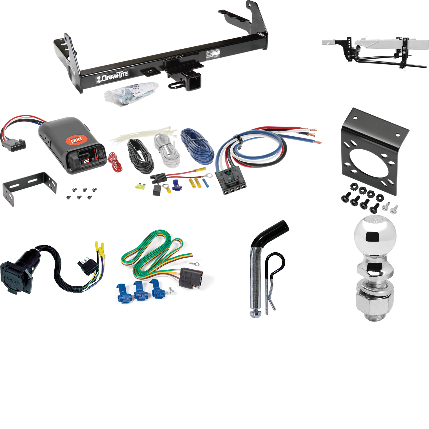 Fits 1987-1994 Dodge Dakota Trailer Hitch Tow PKG w/ 8K Round Bar Weight Distribution Hitch w/ 2-5/16" Ball + 2" Ball + Pin/Clip + Pro Series POD Brake Control + Generic BC Wiring Adapter + 7-Way RV Wiring By Draw-Tite