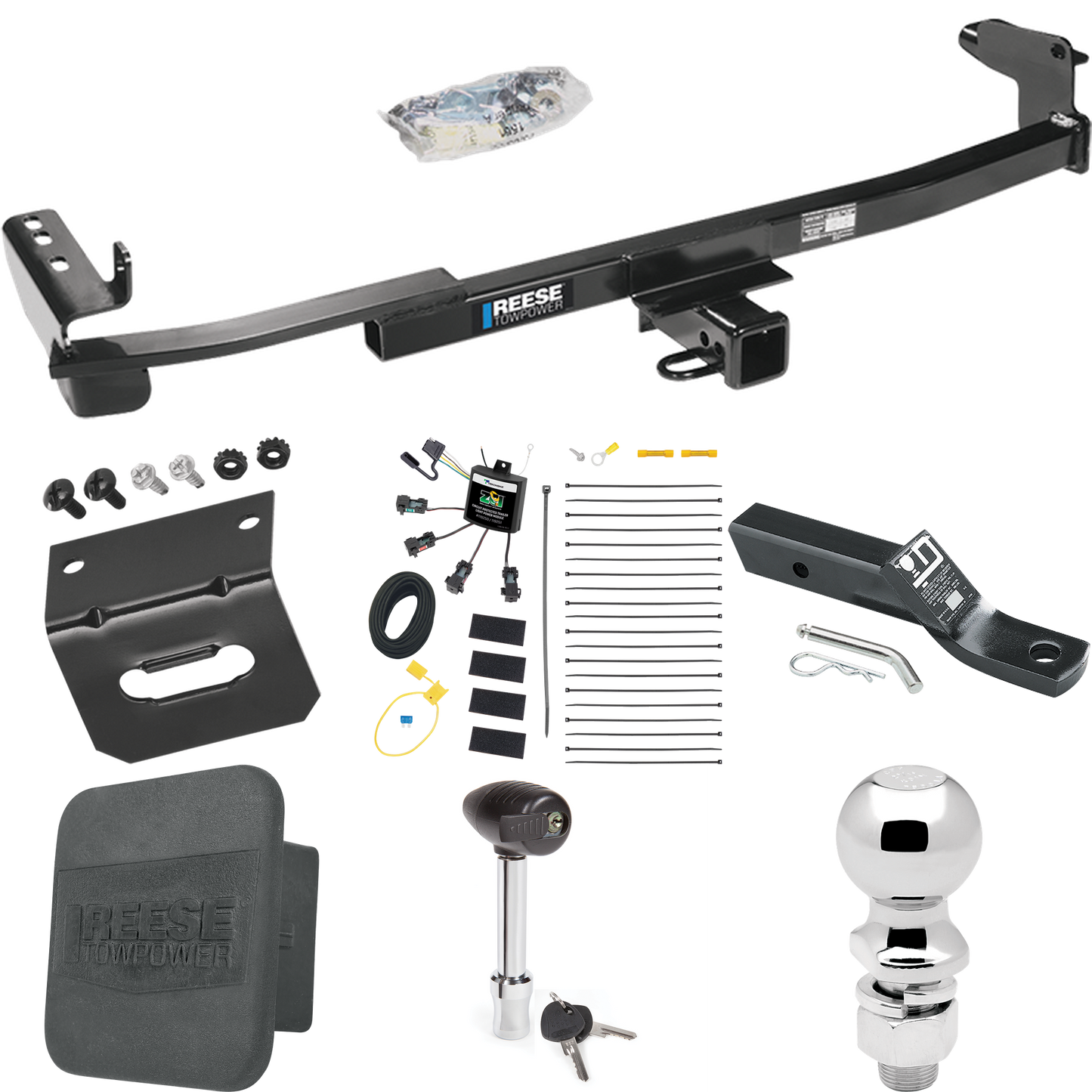 Fits 2005-2007 Mercury Montego Trailer Hitch Tow PKG w/ 4-Flat Zero Contact "No Splice" Wiring + Ball Mount w/ 2" Drop + 2-5/16" Ball + Wiring Bracket + Hitch Lock + Hitch Cover By Reese Towpower