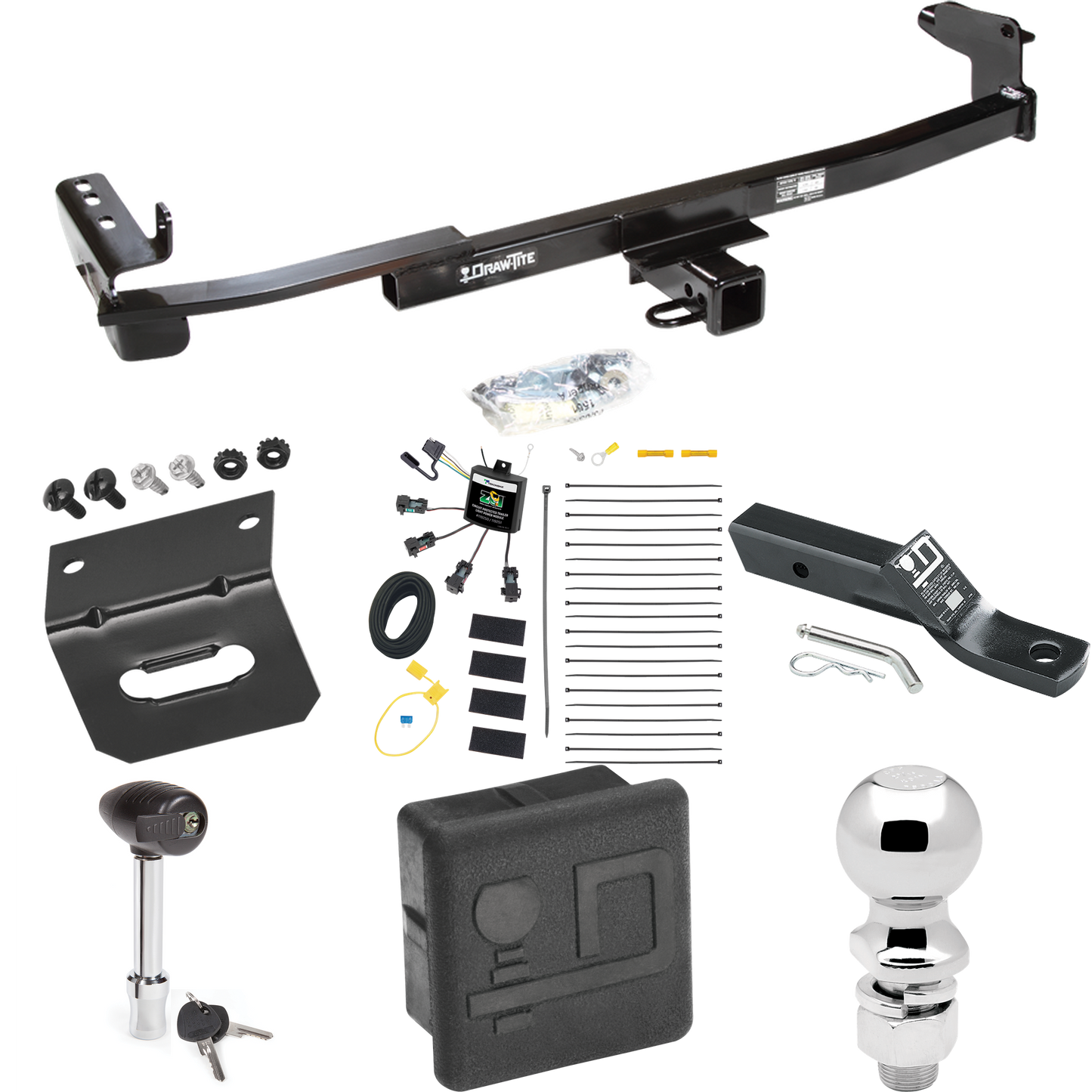 Fits 2005-2007 Mercury Montego Trailer Hitch Tow PKG w/ 4-Flat Zero Contact "No Splice" Wiring + Ball Mount w/ 2" Drop + 2-5/16" Ball + Wiring Bracket + Hitch Lock + Hitch Cover By Draw-Tite