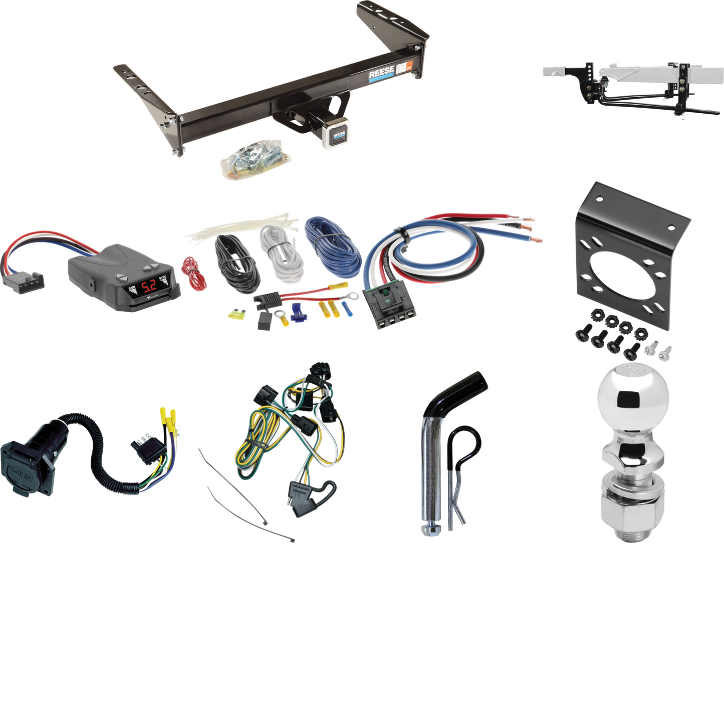 Fits 1995-1996 Dodge Dakota Trailer Hitch Tow PKG w/ 8K Round Bar Weight Distribution Hitch w/ 2-5/16" Ball + 2" Ball + Pin/Clip + Tekonsha Brakeman IV Brake Control + Generic BC Wiring Adapter + 7-Way RV Wiring By Reese Towpower