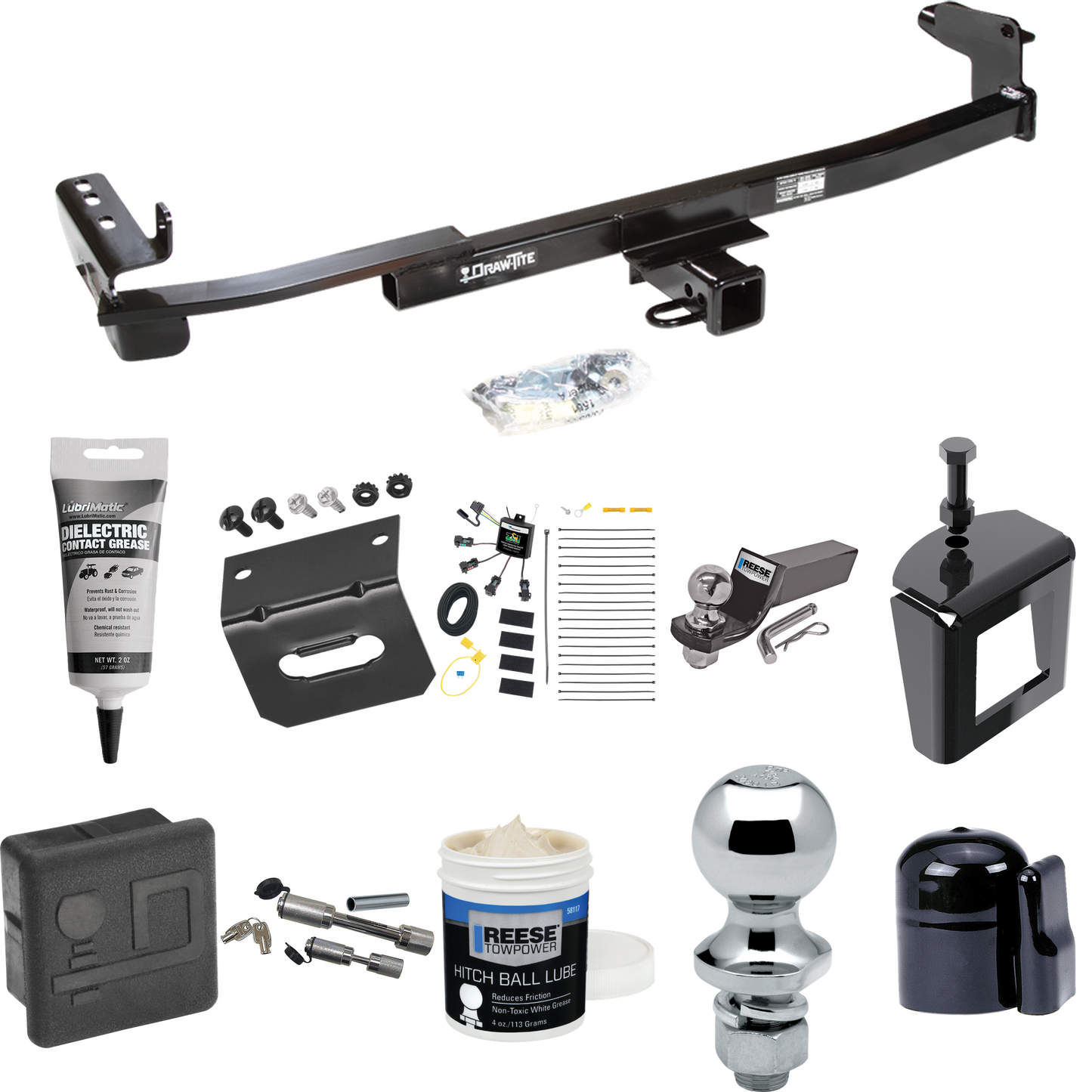 Fits 2005-2007 Mercury Montego Trailer Hitch Tow PKG w/ 4-Flat Zero Contact "No Splice" Wiring + Starter Kit Ball Mount w/ 2" Drop & 2" Ball + 1-7/8" Ball + Wiring Bracket + Dual Hitch & Coupler Locks + Hitch Cover + Wiring Tester + Ball Lube +Electr