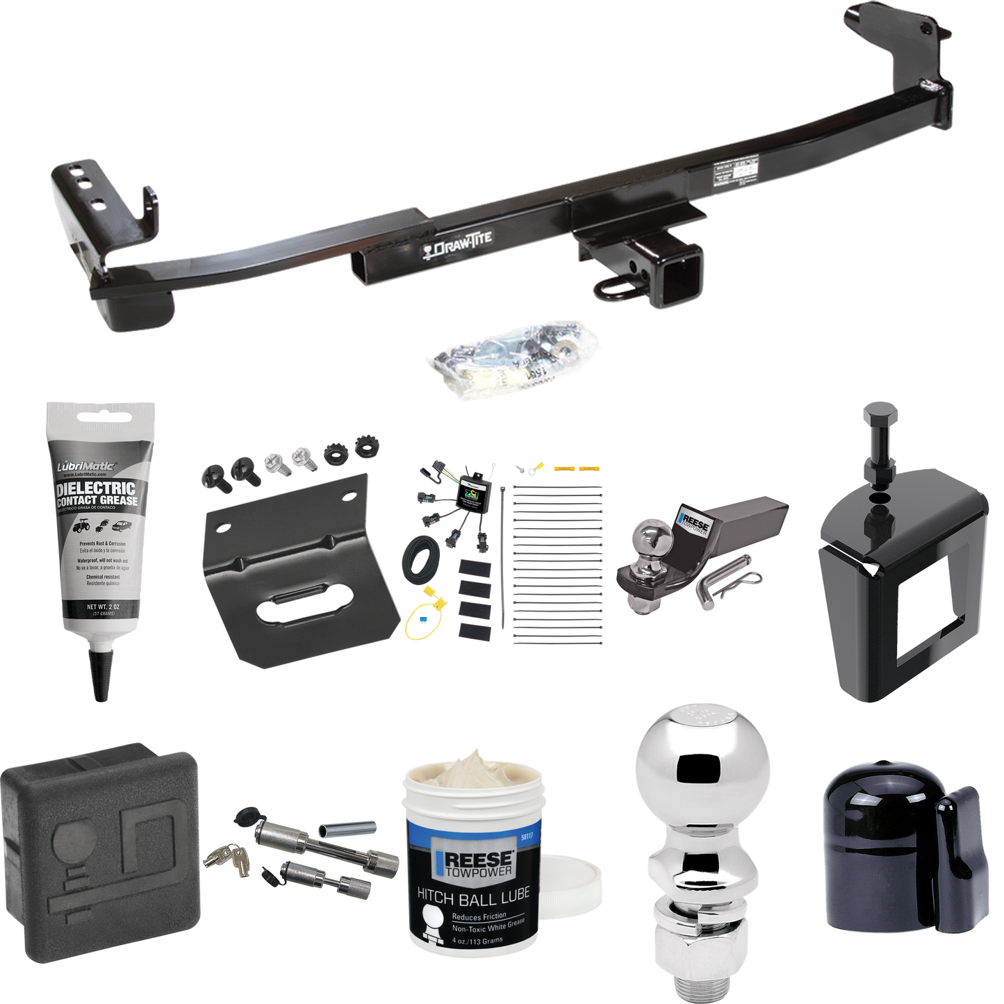 Fits 2005-2007 Mercury Montego Trailer Hitch Tow PKG w/ 4-Flat Zero Contact "No Splice" Wiring + Starter Kit Ball Mount w/ 2" Drop & 2" Ball + 2-5/16" Ball + Wiring Bracket + Dual Hitch & Coupler Locks + Hitch Cover + Wiring Tester + Ball Lube +Elect