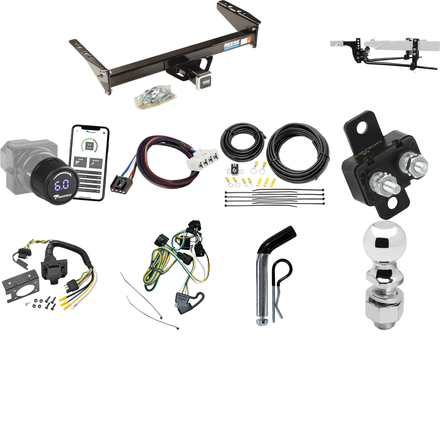 Fits 1997-2003 Dodge Dakota Trailer Hitch Tow PKG w/ 8K Round Bar Weight Distribution Hitch w/ 2-5/16" Ball + 2" Ball + Pin/Clip + Tekonsha Prodigy iD Bluetooth Wireless Brake Control + Plug & Play BC Adapter + 7-Way RV Wiring By Reese Towpower