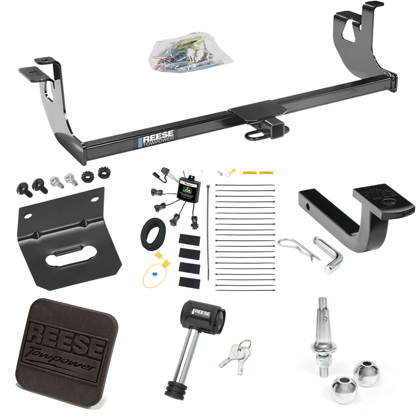 Fits 2010-2013 Volkswagen Golf Trailer Hitch Tow PKG w/ 4-Flat Zero Contact "No Splice" Wiring Harness + Draw-Bar + Interchangeable 1-7/8" & 2" Balls + Wiring Bracket + Hitch Cover + Hitch Lock (For 2 Dr. Hatchback, Except R Models) By Reese Towpower