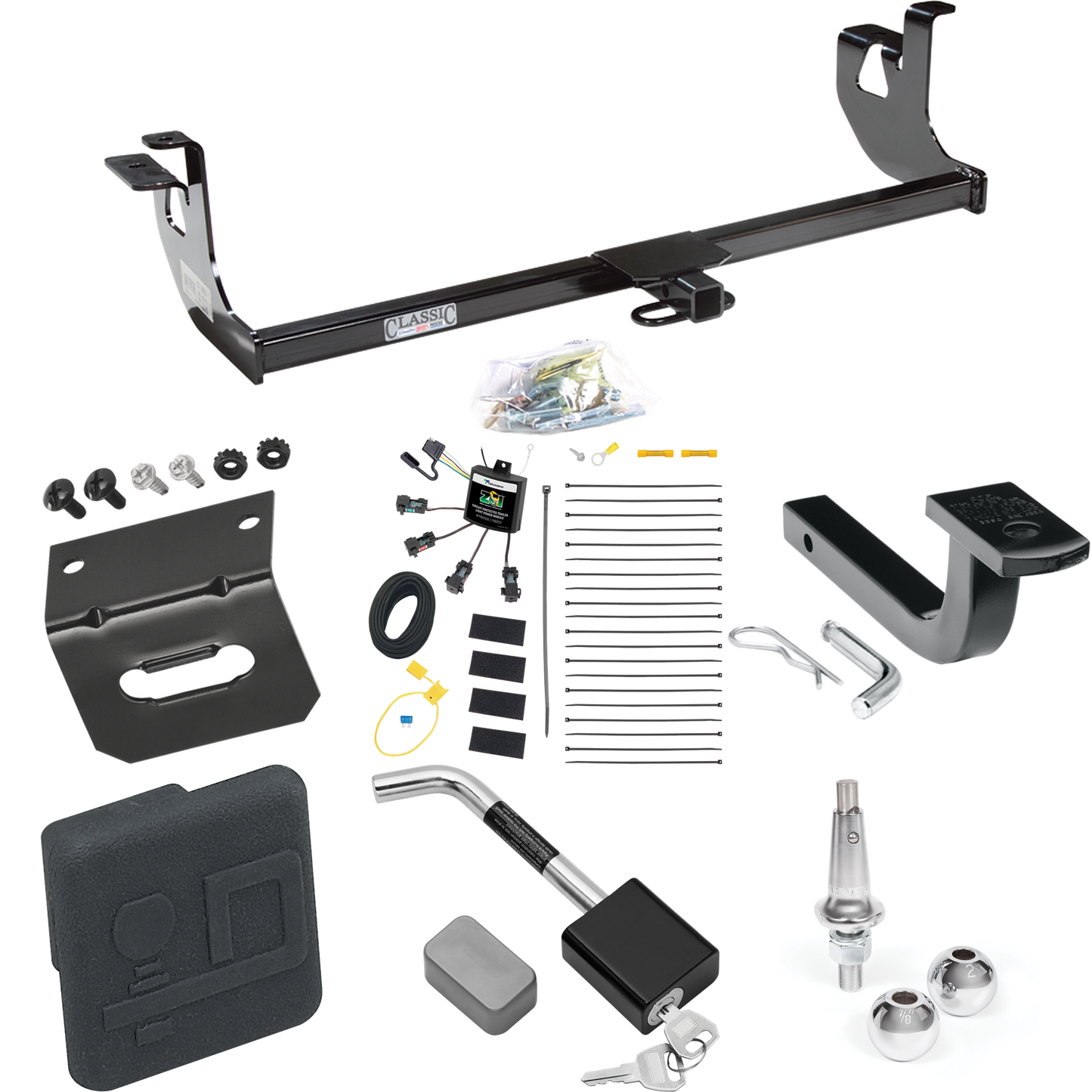 Fits 2006-2009 Volkswagen Rabbit Trailer Hitch Tow PKG w/ 4-Flat Zero Contact "No Splice" Wiring Harness + Draw-Bar + Interchangeable 1-7/8" & 2" Balls + Wiring Bracket + Hitch Cover + Hitch Lock By Draw-Tite