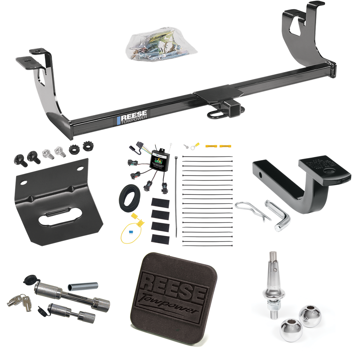 Fits 2010-2014 Volkswagen Golf Trailer Hitch Tow PKG w/ 4-Flat Zero Contact "No Splice" Wiring Harness + Draw-Bar + Interchangeable 1-7/8" & 2" Balls + Wiring Bracket + Hitch Cover + Dual Hitch & Coupler Locks (For 4 Dr. Hatchback, Except R Models) B