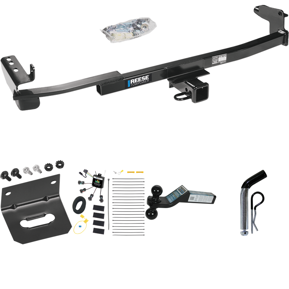 Fits 2005-2007 Mercury Montego Trailer Hitch Tow PKG w/ 4-Flat Zero Contact "No Splice" Wiring Harness + Dual Ball Ball Mount 2" & 2-5/16" Trailer Balls + Pin/Clip +  Wiring Bracket By Reese Towpower