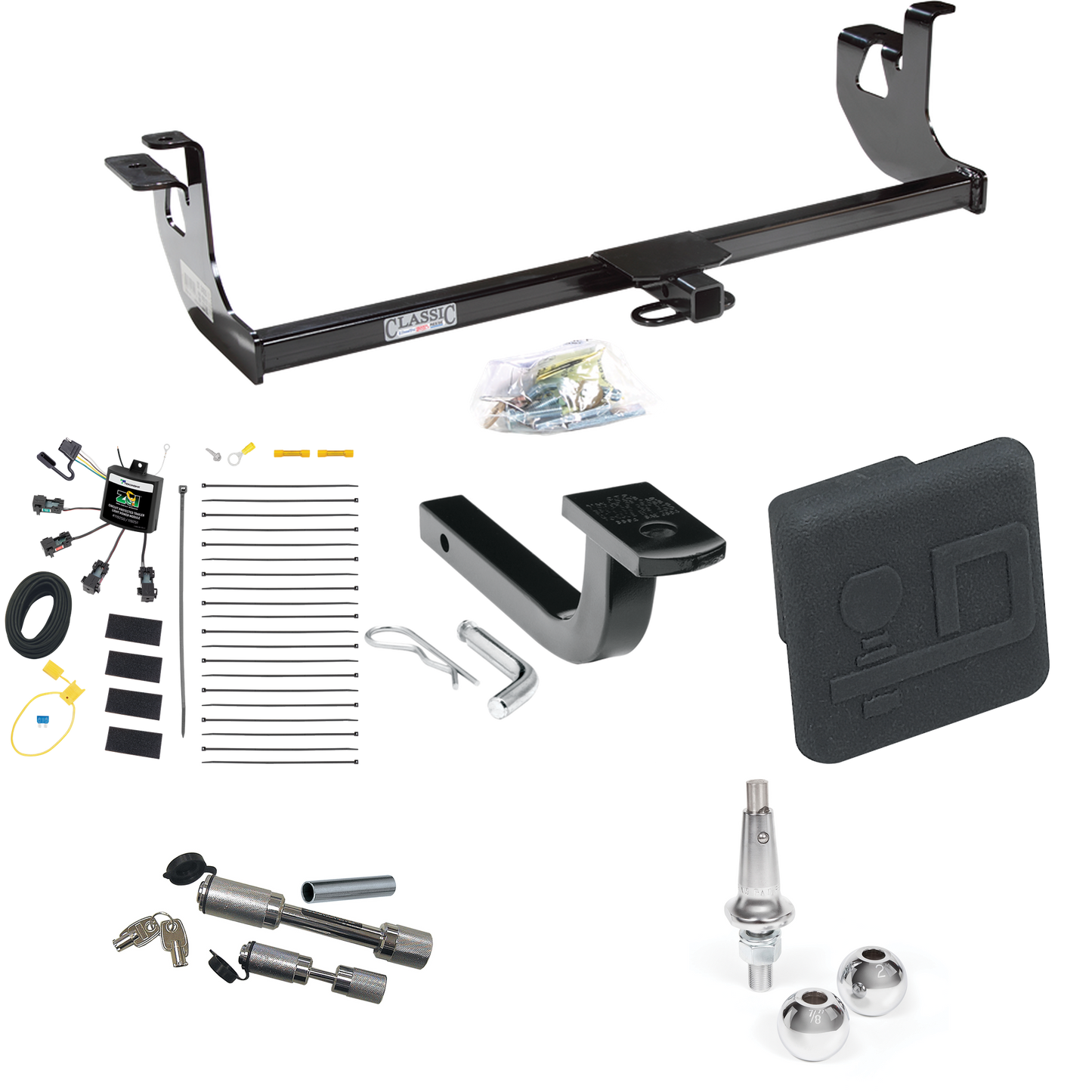 Fits 2007-2009 Volkswagen GTI Trailer Hitch Tow PKG w/ 4-Flat Zero Contact "No Splice" Wiring Harness + Draw-Bar + Interchangeable 1-7/8" & 2" Balls + Hitch Cover + Dual Hitch & Coupler Locks (For 4 Dr. Hatchback Models) By Draw-Tite