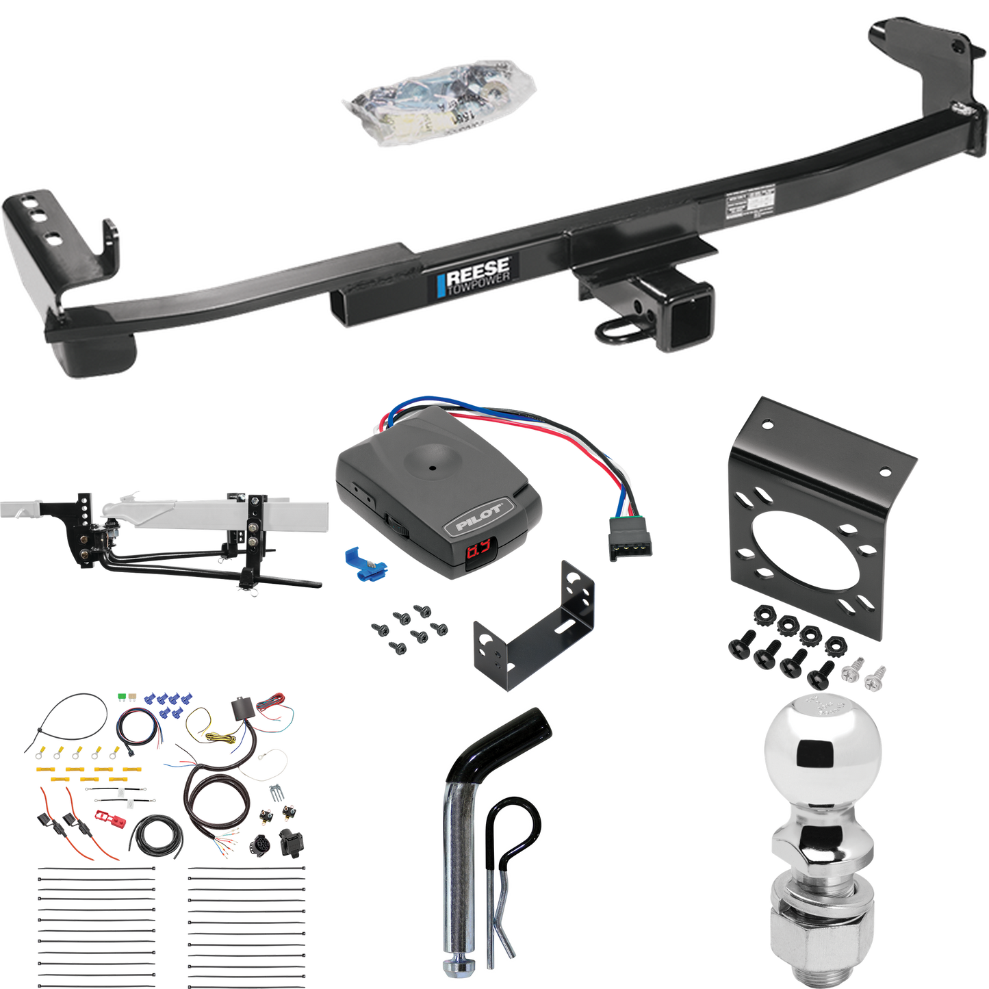 Fits 2005-2007 Mercury Montego Trailer Hitch Tow PKG w/ 6K Round Bar Weight Distribution Hitch w/ 2-5/16" Ball + 2" Ball + Pin/Clip + Pro Series Pilot Brake Control + 7-Way RV Wiring By Reese Towpower