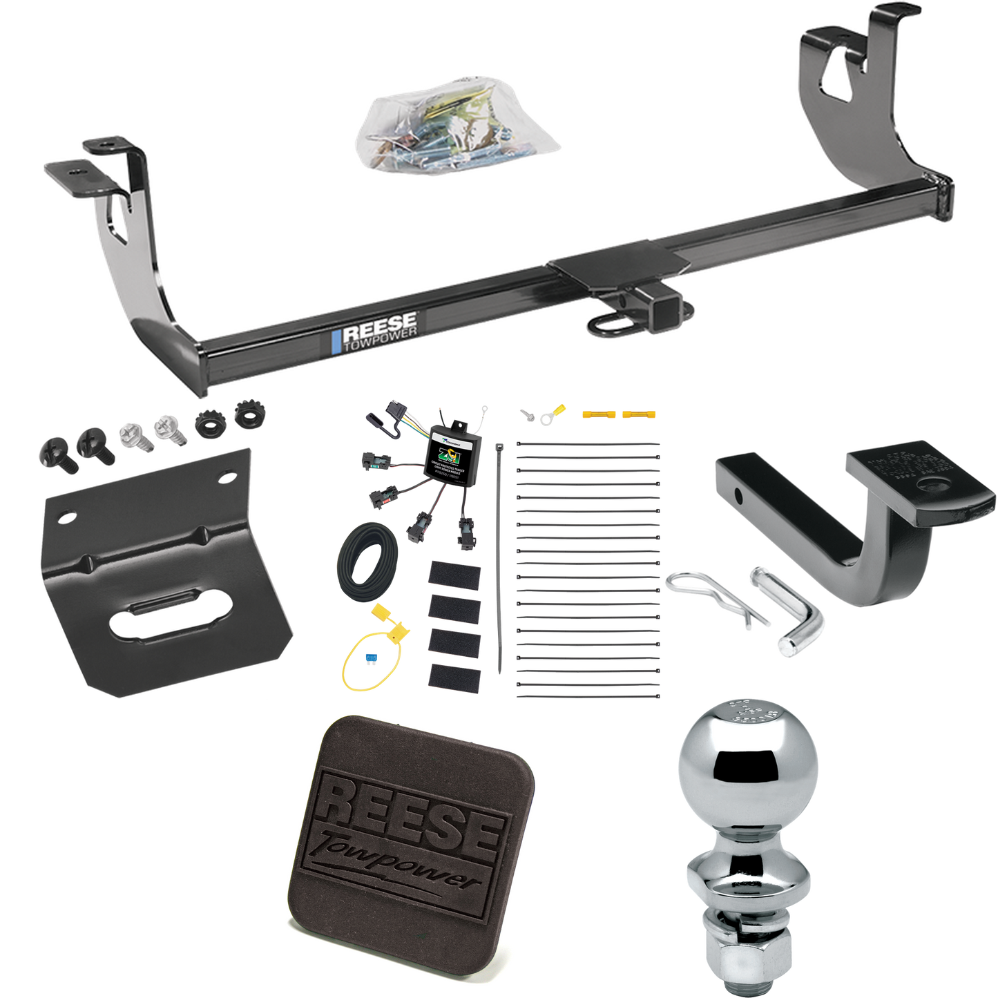 Fits 2006-2009 Volkswagen Rabbit Trailer Hitch Tow PKG w/ 4-Flat Zero Contact "No Splice" Wiring Harness + Draw-Bar + 2" Ball + Wiring Bracket + Hitch Cover By Reese Towpower