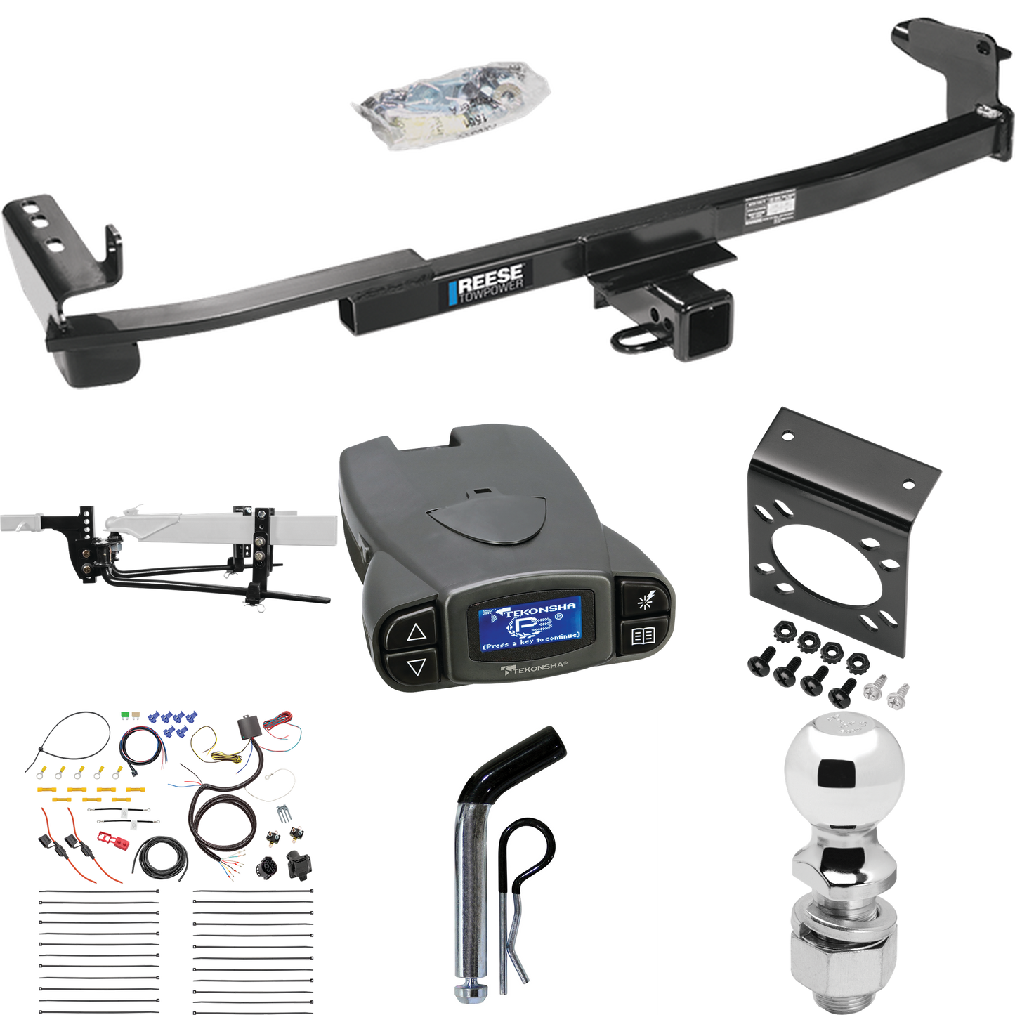 Fits 2005-2007 Mercury Montego Trailer Hitch Tow PKG w/ 6K Round Bar Weight Distribution Hitch w/ 2-5/16" Ball + 2" Ball + Pin/Clip + Tekonsha Prodigy P3 Brake Control + 7-Way RV Wiring By Reese Towpower