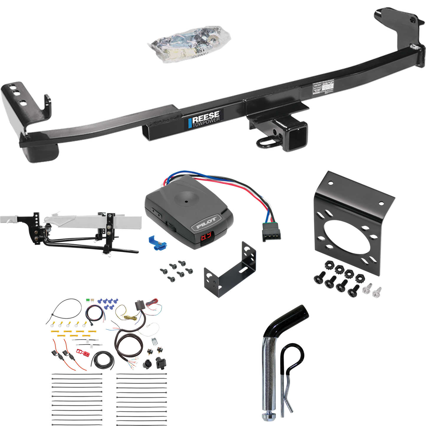 Fits 2005-2007 Mercury Montego Trailer Hitch Tow PKG w/ 6K Round Bar Weight Distribution Hitch w/ 2-5/16" Ball + Pin/Clip + Pro Series Pilot Brake Control + 7-Way RV Wiring By Reese Towpower