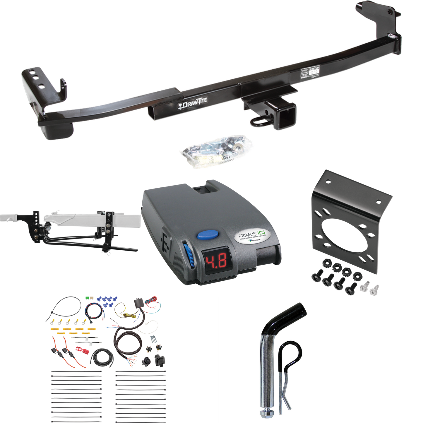 Fits 2005-2007 Mercury Montego Trailer Hitch Tow PKG w/ 6K Round Bar Weight Distribution Hitch w/ 2-5/16" Ball + Pin/Clip + Tekonsha Primus IQ Brake Control + 7-Way RV Wiring By Draw-Tite