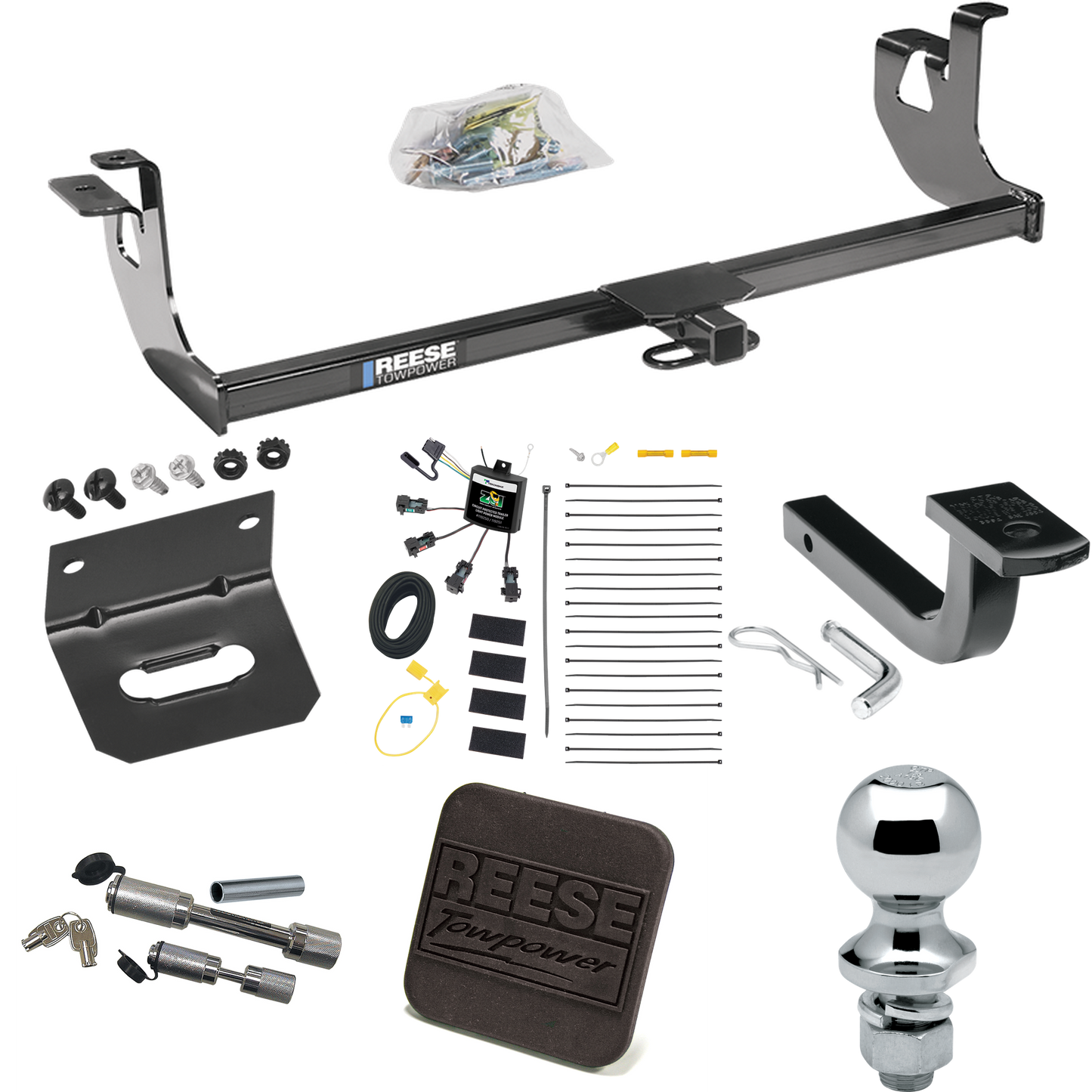 Fits 2010-2014 Volkswagen Golf Trailer Hitch Tow PKG w/ 4-Flat Zero Contact "No Splice" Wiring Harness + Draw-Bar + 1-7/8" Ball + Wiring Bracket + Hitch Cover + Dual Hitch & Coupler Locks (For 4 Dr. Hatchback, Except R Models) By Reese Towpower