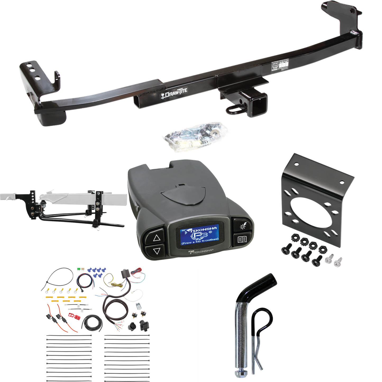 Fits 2005-2007 Mercury Montego Trailer Hitch Tow PKG w/ 6K Round Bar Weight Distribution Hitch w/ 2-5/16" Ball + Pin/Clip + Tekonsha Prodigy P3 Brake Control + 7-Way RV Wiring By Draw-Tite