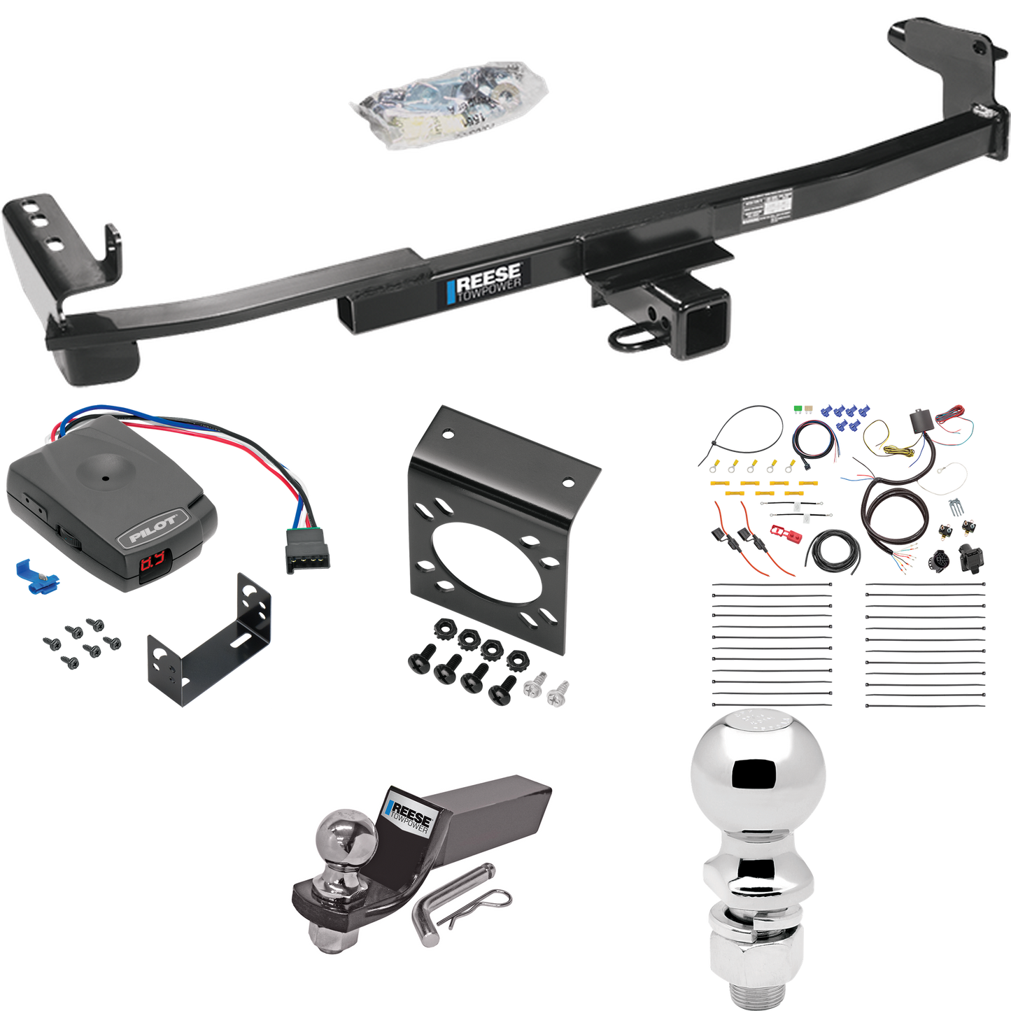 Fits 2005-2007 Mercury Montego Trailer Hitch Tow PKG w/ Pro Series Pilot Brake Control + 7-Way RV Wiring + 2" & 2-5/16" Ball & Drop Mount By Reese Towpower