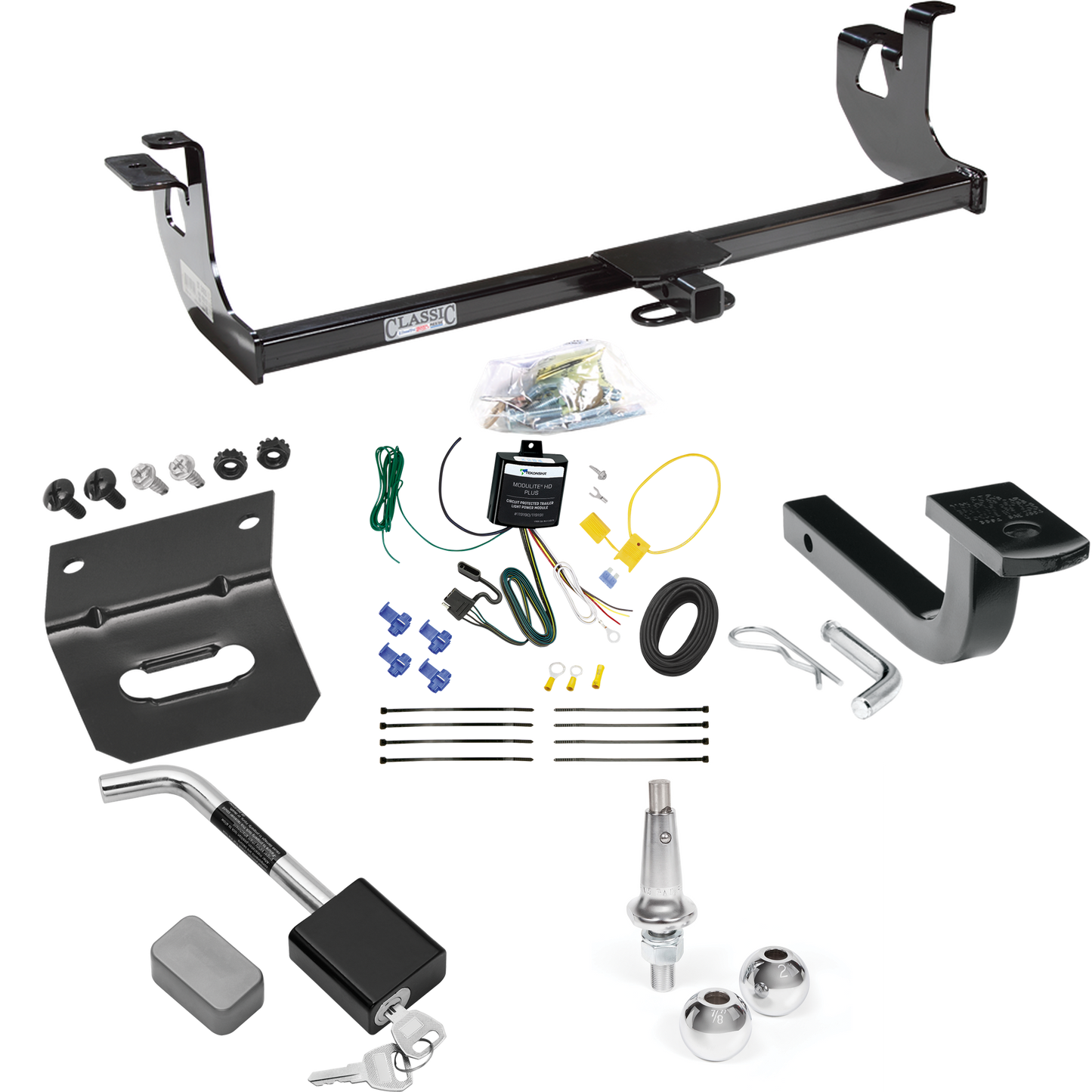 Fits 2010-2014 Volkswagen Golf Trailer Hitch Tow PKG w/ 4-Flat Wiring Harness + Draw-Bar + Interchangeable 1-7/8" & 2" Balls + Wiring Bracket + Hitch Lock (For 4 Dr. Hatchback, Except R Models) By Draw-Tite