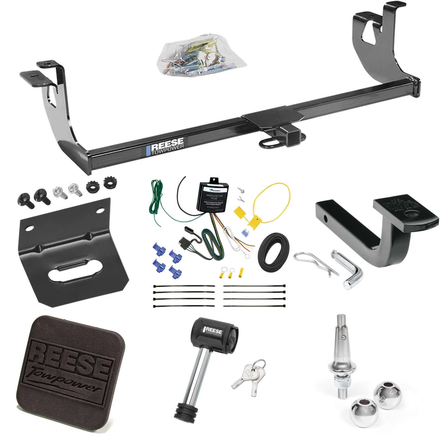 Fits 2006-2009 Volkswagen Rabbit Trailer Hitch Tow PKG w/ 4-Flat Wiring Harness + Draw-Bar + Interchangeable 1-7/8" & 2" Balls + Wiring Bracket + Hitch Cover + Hitch Lock By Reese Towpower