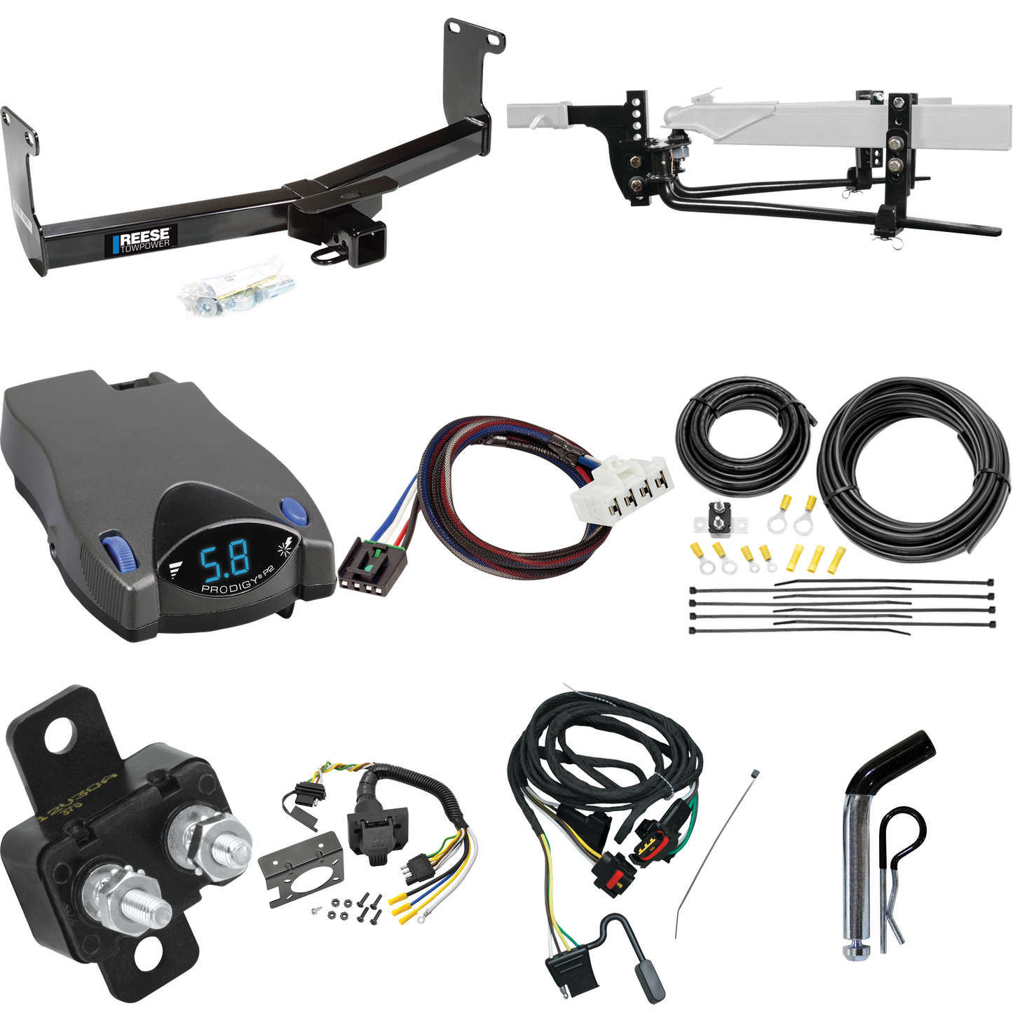 Fits 2011-2011 RAM Dakota Trailer Hitch Tow PKG w/ 8K Round Bar Weight Distribution Hitch w/ 2-5/16" Ball + Pin/Clip + Tekonsha Prodigy P2 Brake Control + Plug & Play BC Adapter + 7-Way RV Wiring By Reese Towpower