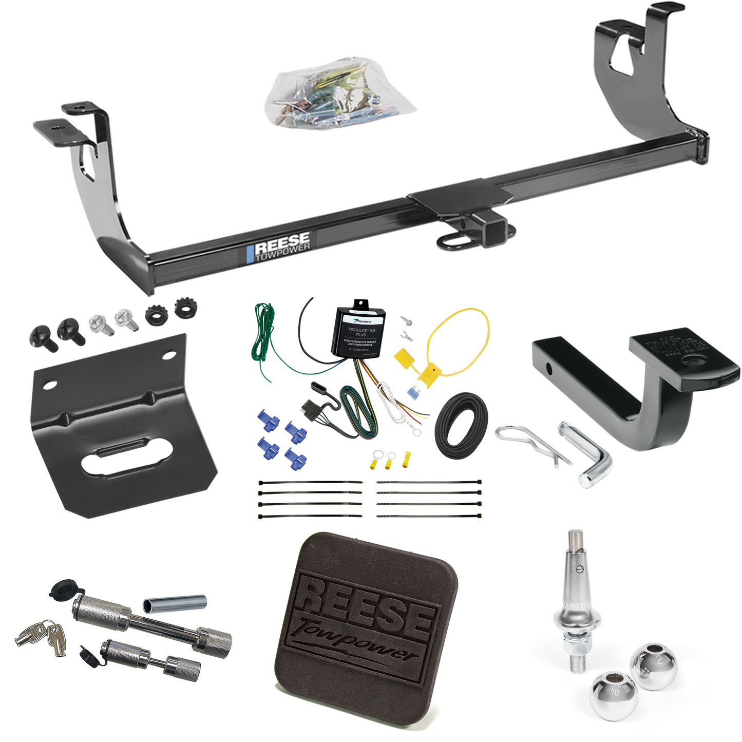 Fits 2006-2009 Volkswagen Rabbit Trailer Hitch Tow PKG w/ 4-Flat Wiring Harness + Draw-Bar + Interchangeable 1-7/8" & 2" Balls + Wiring Bracket + Hitch Cover + Dual Hitch & Coupler Locks By Reese Towpower