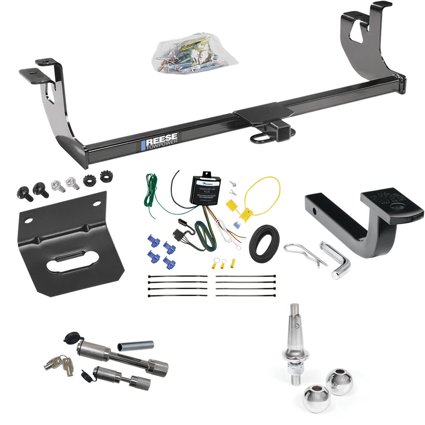 Fits 2010-2014 Volkswagen Golf Trailer Hitch Tow PKG w/ 4-Flat Wiring Harness + Draw-Bar + Interchangeable 1-7/8" & 2" Balls + Wiring Bracket + Dual Hitch & Coupler Locks (For 4 Dr. Hatchback, Except R Models) By Reese Towpower