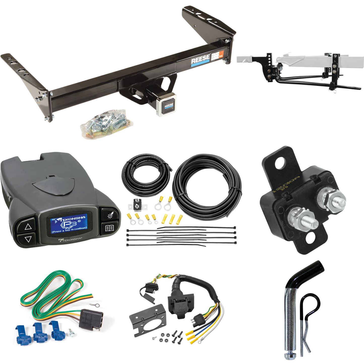 Se adapta al paquete de enganche de remolque Dodge Dakota 1987-1994 con enganche de distribución de peso de barra redonda 8K con bola de 2-5/16" + pasador/clip + control de freno Tekonsha Prodigy P3 + cableado RV de 7 vías de Reese Towpower