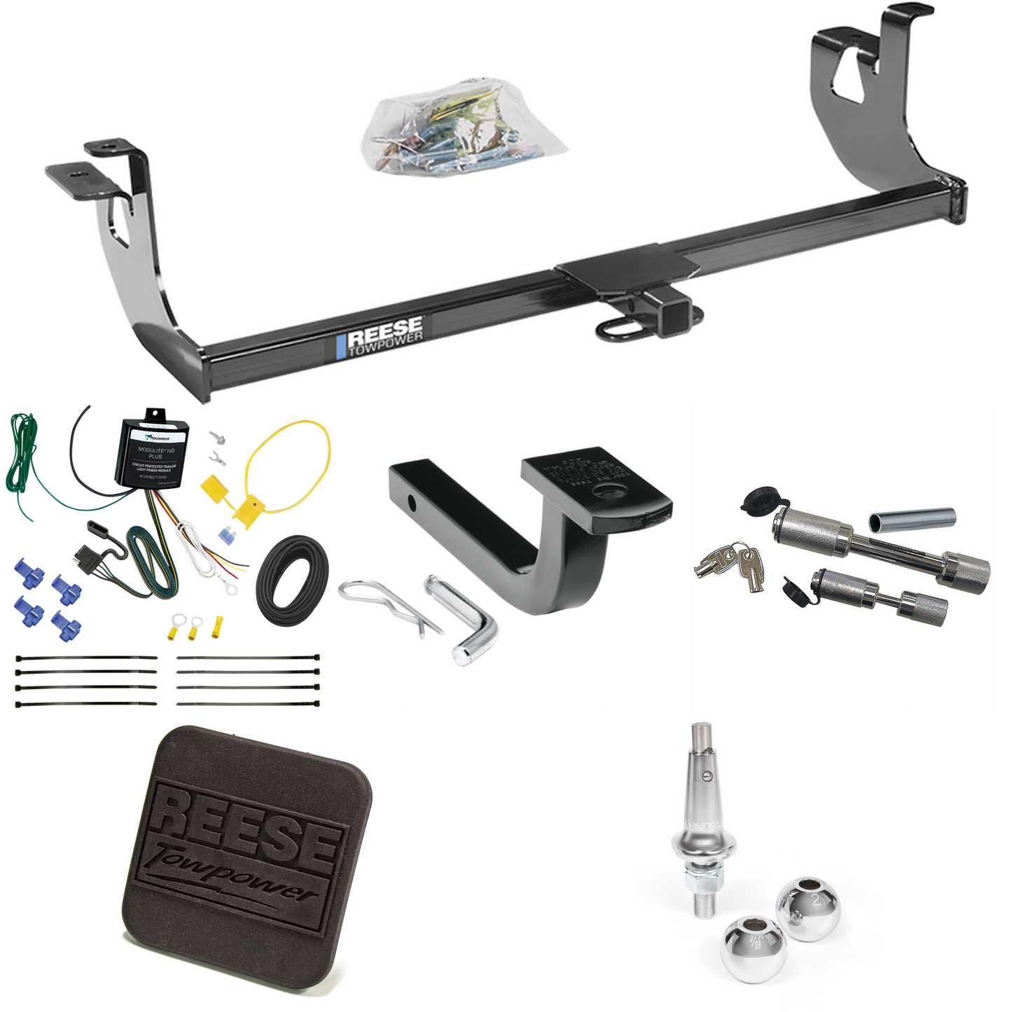 Fits 2010-2013 Volkswagen Golf Trailer Hitch Tow PKG w/ 4-Flat Wiring Harness + Draw-Bar + Interchangeable 1-7/8" & 2" Balls + Hitch Cover + Dual Hitch & Coupler Locks (For Hatchback, (Canada Only), Except R Models) By Reese Towpower