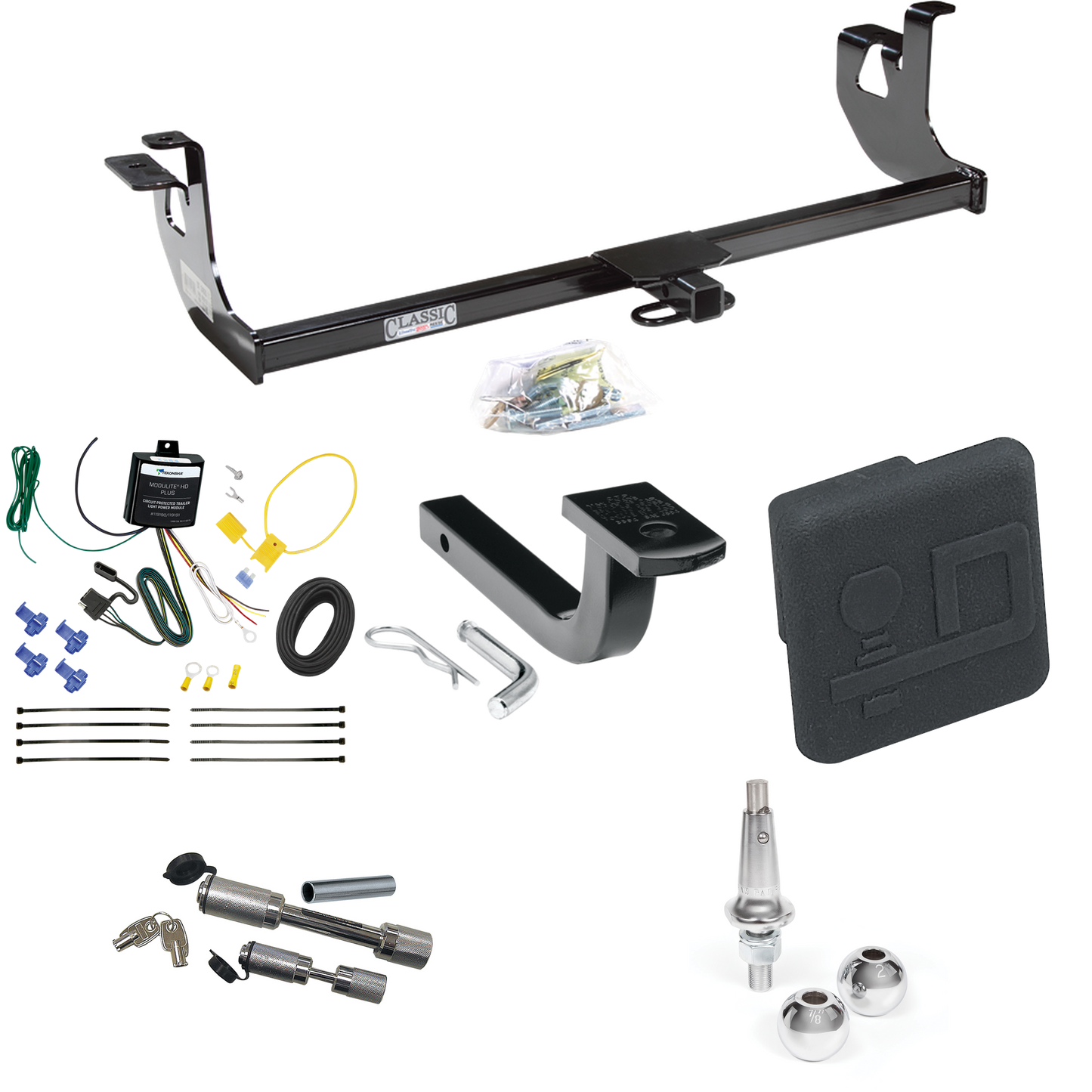 Se adapta al paquete de enganche de remolque Volkswagen Rabbit 2006-2009 con arnés de cableado de 4 planos + barra de tracción + bolas intercambiables de 1-7/8" y 2" + cubierta de enganche + enganche doble y cerraduras de acoplador de Draw-Tite