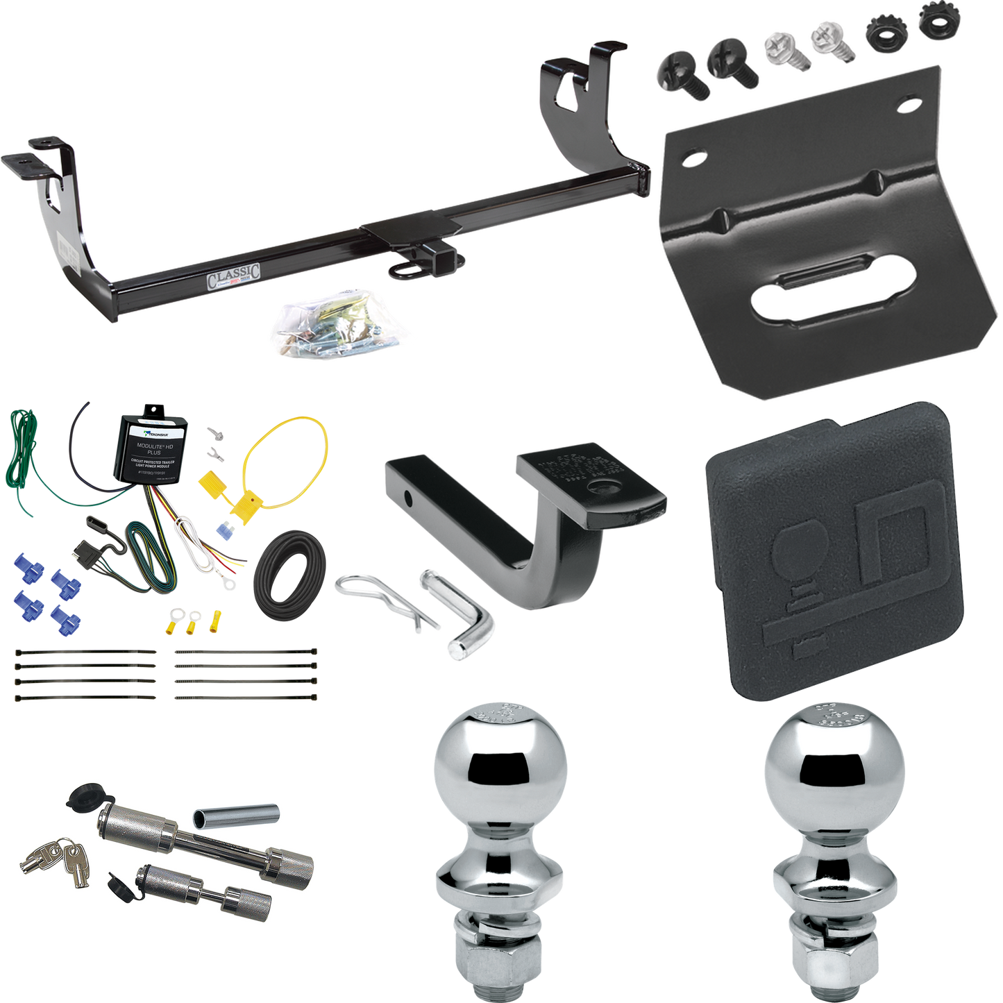 Fits 2010-2013 Volkswagen Golf Trailer Hitch Tow PKG w/ 4-Flat Wiring Harness + Draw-Bar + 1-7/8" + 2" Ball + Wiring Bracket + Hitch Cover + Dual Hitch & Coupler Locks (For 2 Dr. Hatchback, Except R Models) By Draw-Tite