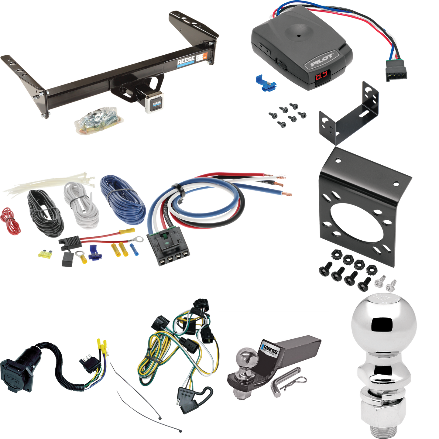 Se adapta al paquete de enganche de remolque Dodge Dakota 1995-1996 con control de freno piloto serie Pro + adaptador de cableado BC genérico + cableado RV de 7 vías + soporte de bola y caída de 2" y 2-5/16" de Reese Towpower