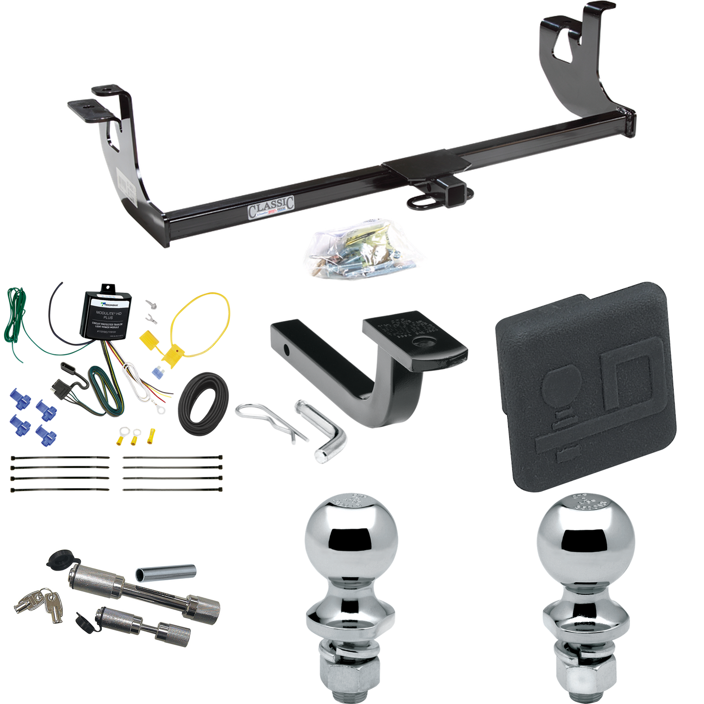 Fits 2007-2009 Volkswagen GTI Trailer Hitch Tow PKG w/ 4-Flat Wiring Harness + Draw-Bar + 1-7/8" + 2" Ball + Hitch Cover + Dual Hitch & Coupler Locks (For 4 Dr. Hatchback Models) By Draw-Tite