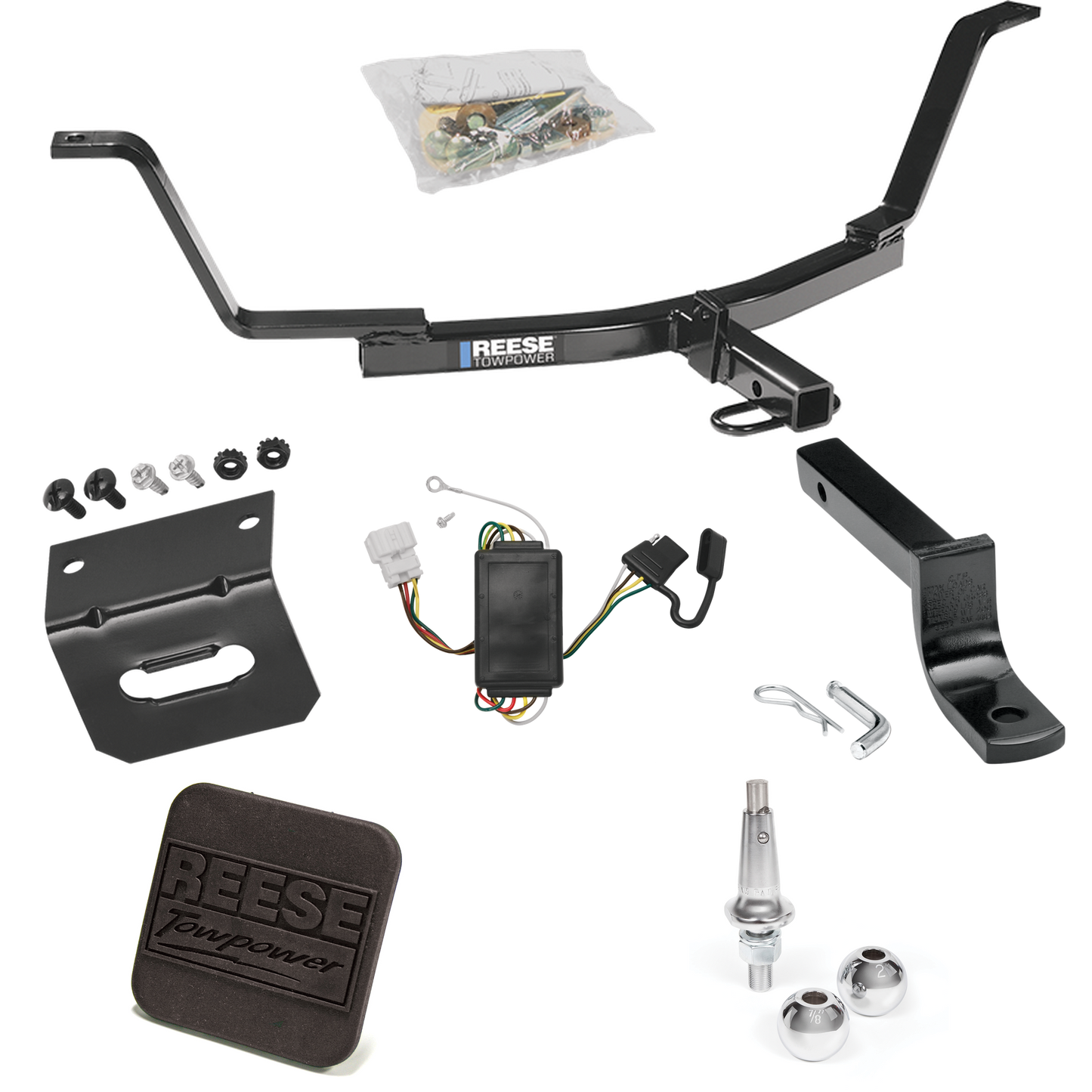 Fits 2007-2011 Honda CR-V Trailer Hitch Tow PKG w/ 4-Flat Wiring Harness + Draw-Bar + Interchangeable 1-7/8" & 2" Balls + Wiring Bracket + Hitch Cover By Reese Towpower