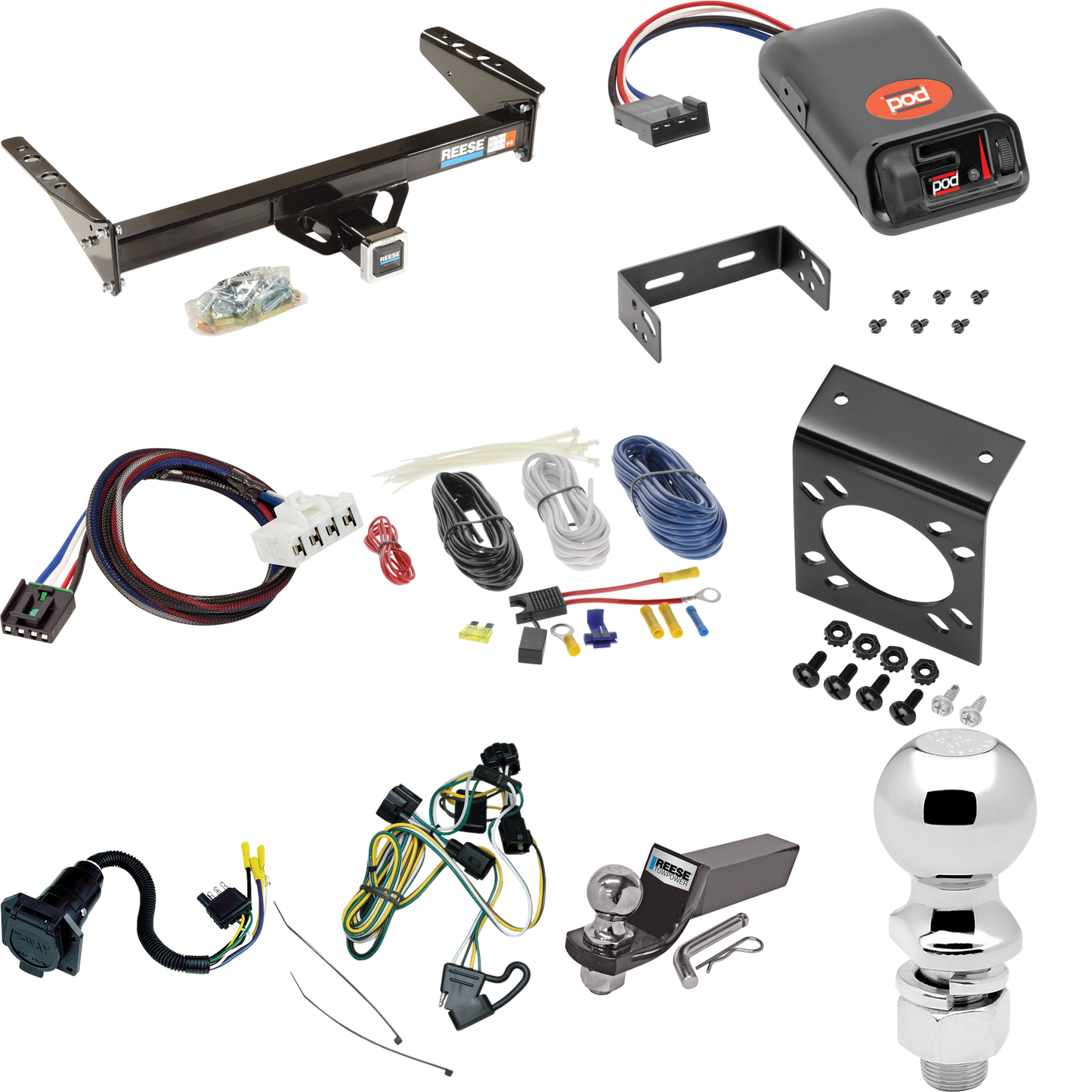 Se adapta al paquete de enganche de remolque Dodge Dakota 1997-2003 con control de freno POD serie Pro + adaptador BC Plug &amp; Play + cableado RV de 7 vías + soporte de bola y caída de 2" y 2-5/16" de Reese Towpower