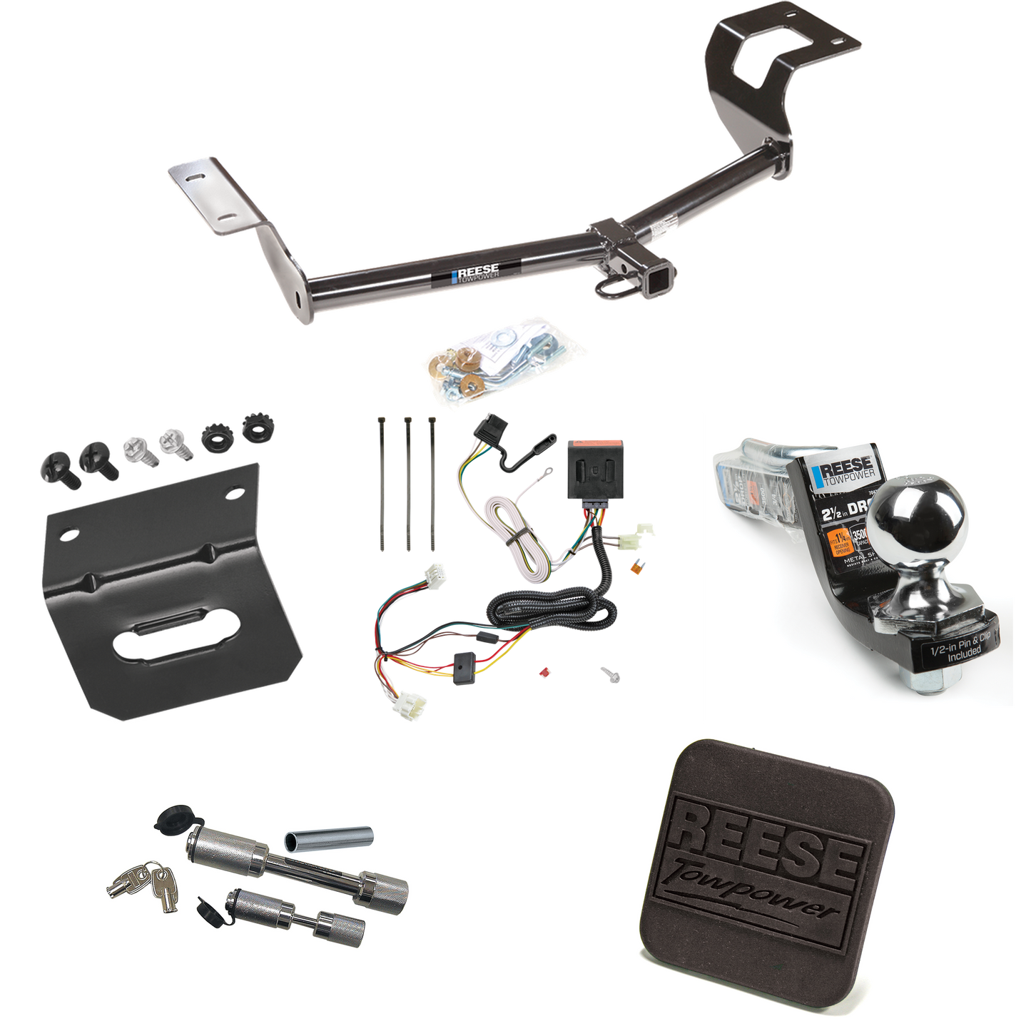 Fits 2012-2016 Honda CR-V Trailer Hitch Tow PKG w/ 4-Flat Wiring Harness + Interlock Starter Kit w/ 2" Ball 2-1/2" Drop 2" Rise + Wiring Bracket + Hitch Cover + Dual Hitch & Coupler Locks By Reese Towpower