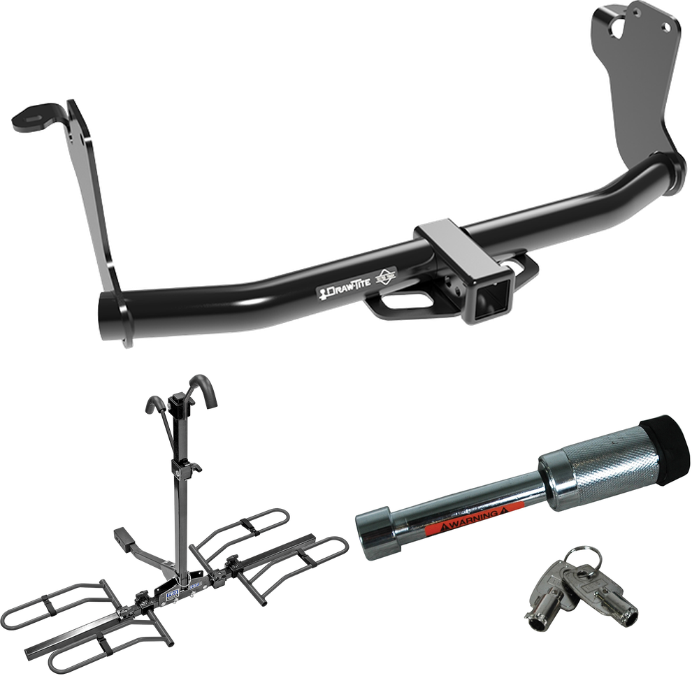 Fits 2018-2021 Mitsubishi Eclipse Cross Trailer Hitch Tow PKG w/ 2 Bike Plaform Style Carrier Rack + Hitch Lock By Draw-Tite