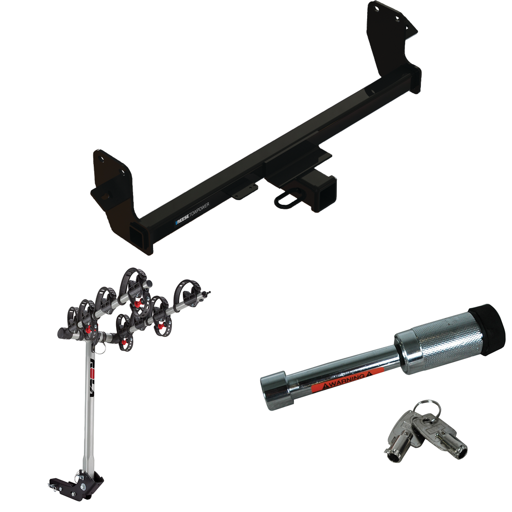 Fits 2022-2023 Mitsubishi Eclipse Cross Trailer Hitch Tow PKG w/ 4 Bike Carrier Rack + Hitch Lock By Reese Towpower