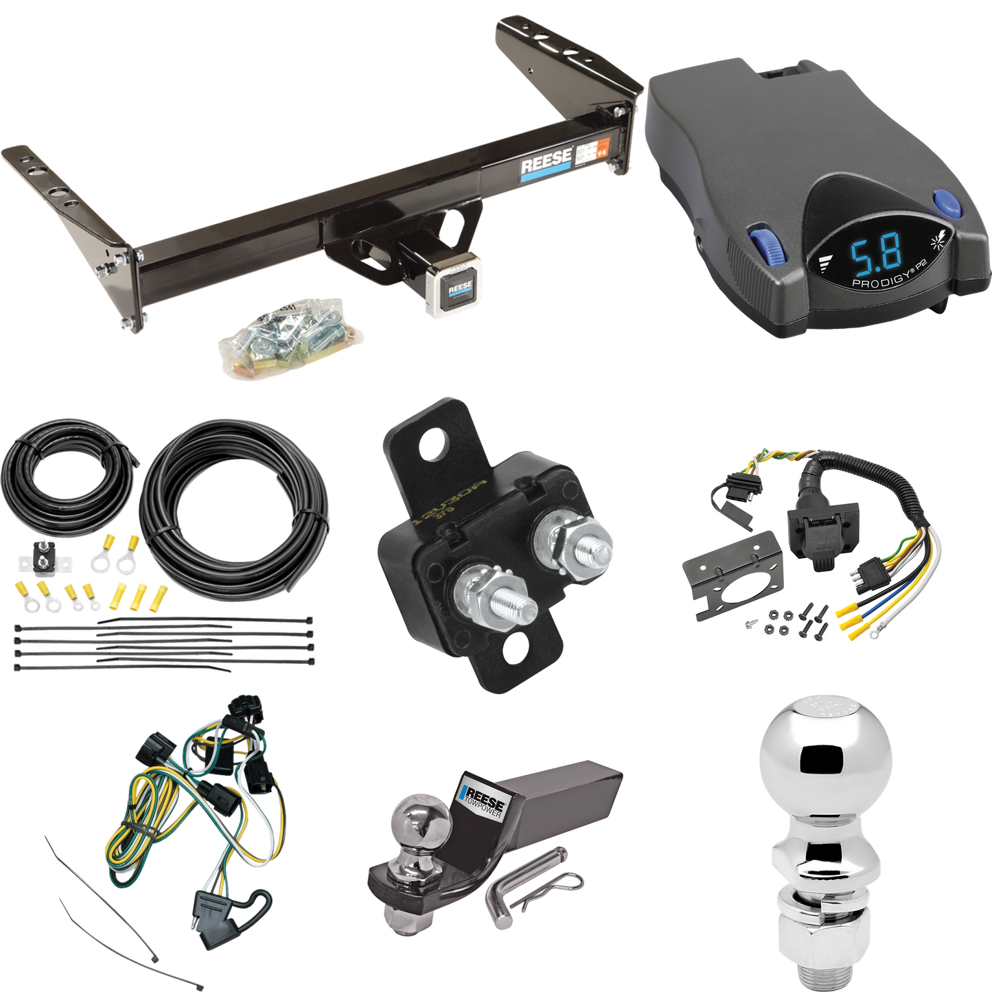 Se adapta al paquete de enganche de remolque Dodge Dakota 1995-1996 con control de freno Tekonsha Prodigy P2 + cableado de 7 vías para vehículos recreativos + soporte de bola y caída de 2" y 2-5/16" de Reese Towpower