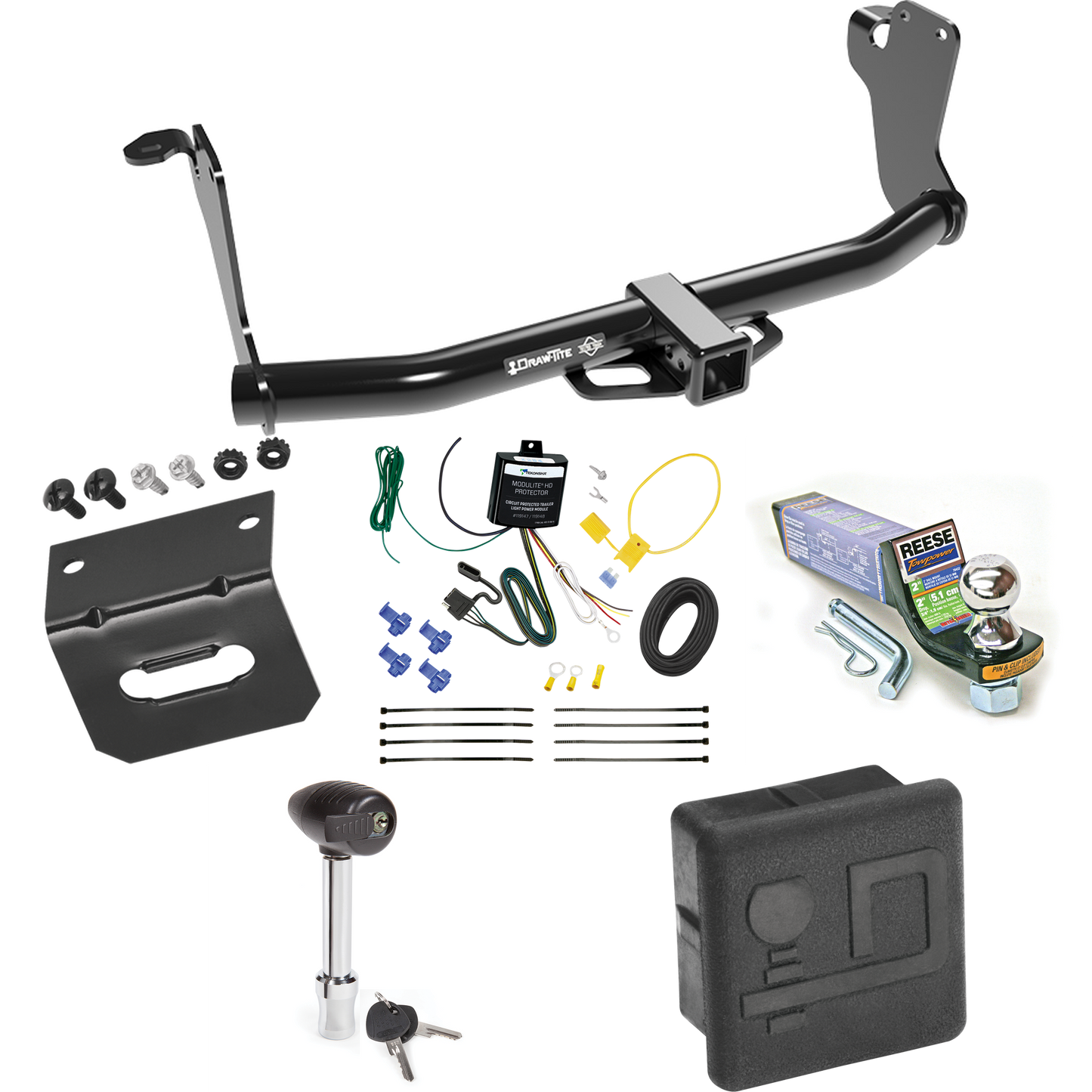 Fits 2018-2021 Mitsubishi Eclipse Cross Trailer Hitch Tow PKG w/ 4-Flat Wiring + Starter Kit Ball Mount w/ 2" Drop & 1-7/8" Ball + Wiring Bracket + Hitch Lock + Hitch Cover By Draw-Tite