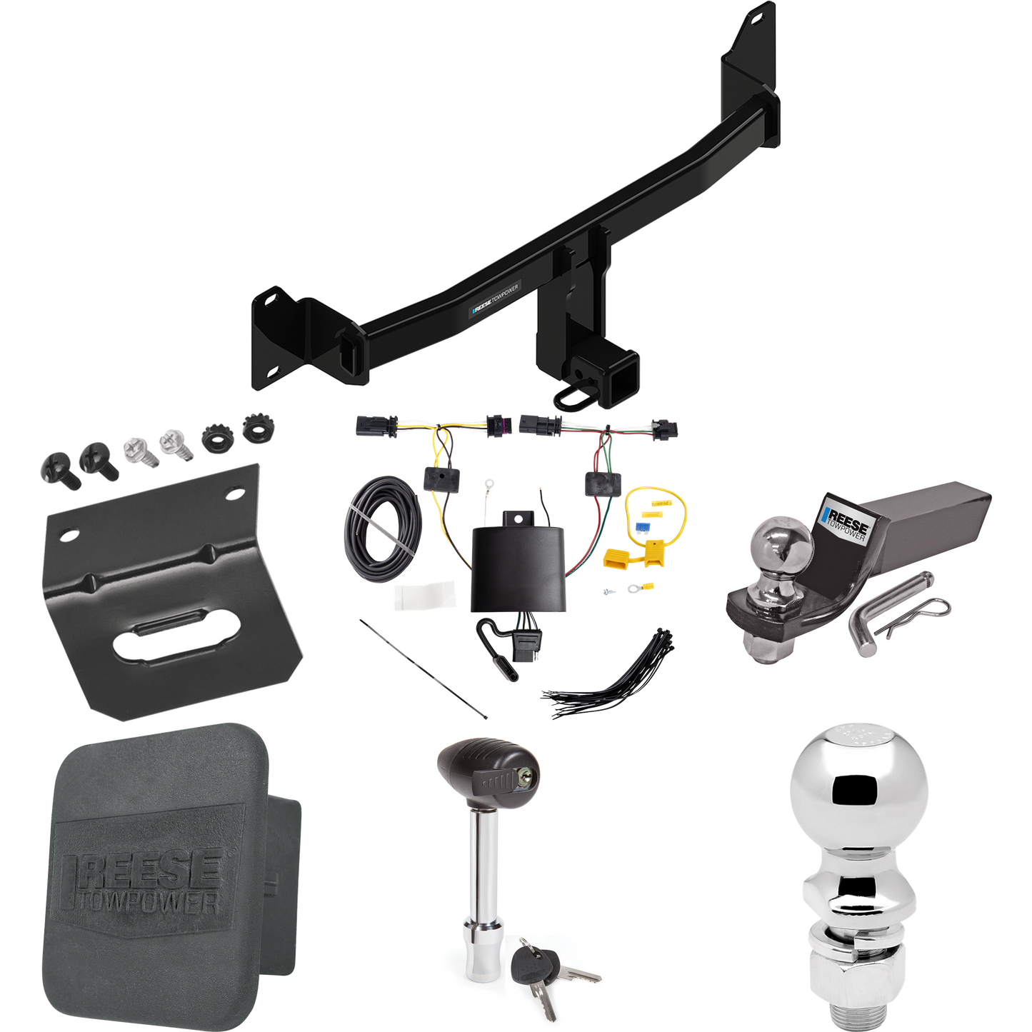 Fits 2018-2023 BMW X2 Trailer Hitch Tow PKG w/ 4-Flat Wiring + Starter Kit Ball Mount w/ 2" Drop & 2" Ball + 2-5/16" Ball + Wiring Bracket + Hitch Lock + Hitch Cover By Reese Towpower