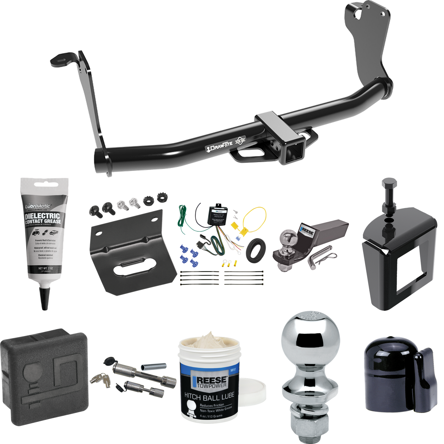 Fits 2018-2021 Mitsubishi Eclipse Cross Trailer Hitch Tow PKG w/ 4-Flat Wiring + Starter Kit Ball Mount w/ 2" Drop & 2" Ball + 1-7/8" Ball + Wiring Bracket + Dual Hitch & Coupler Locks + Hitch Cover + Wiring Tester + Ball Lube +Electric Grease + Ball