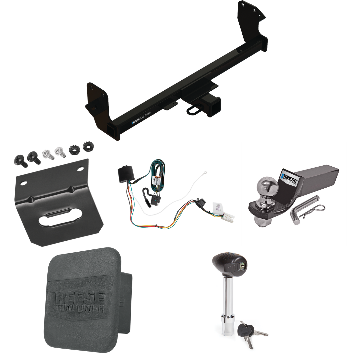 Fits 2022-2023 Mitsubishi Eclipse Cross Trailer Hitch Tow PKG w/ 4-Flat Wiring + Starter Kit Ball Mount w/ 2" Drop & 2" Ball + 1-7/8" Ball + Wiring Bracket + Hitch Lock + Hitch Cover By Reese Towpower